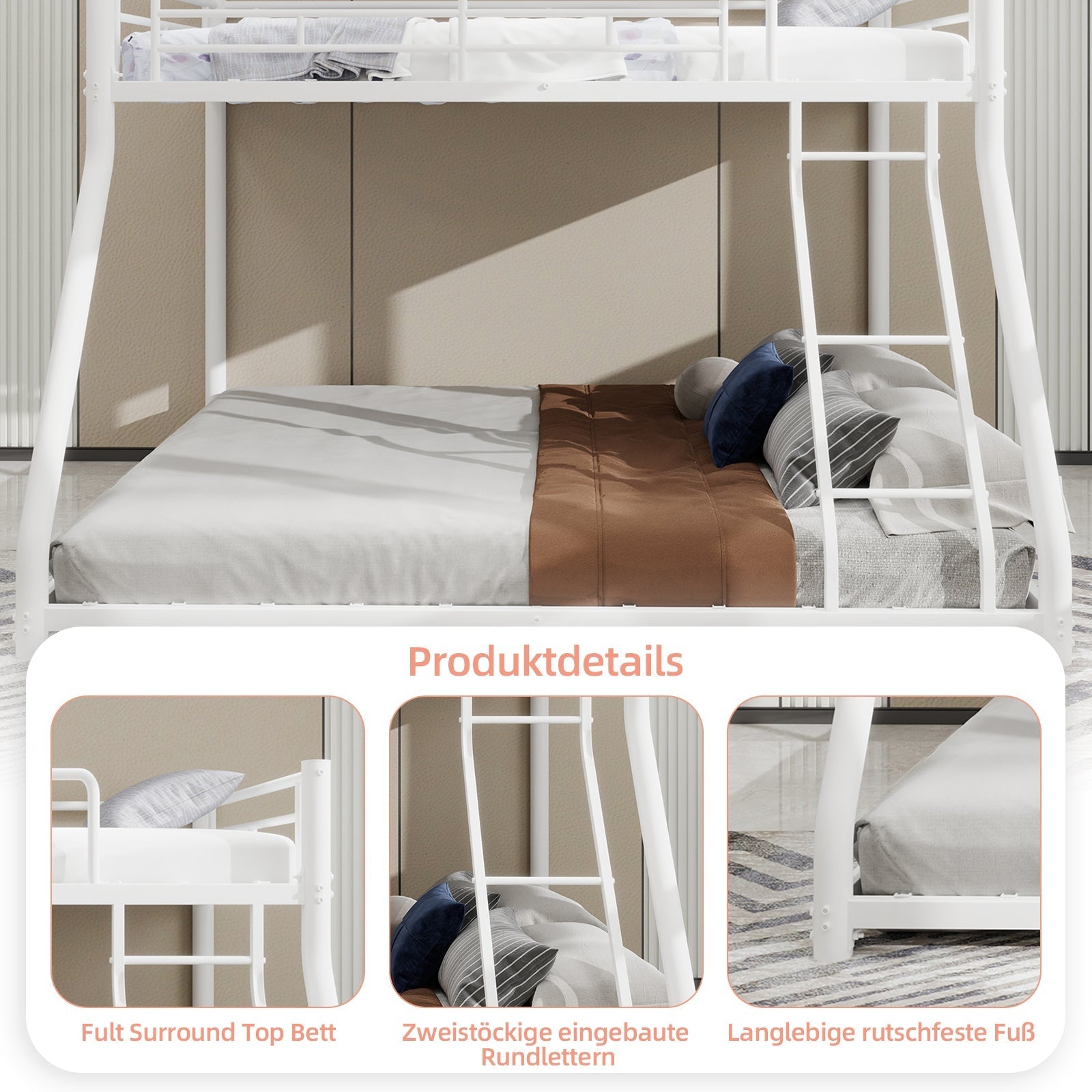 Bunk Bed, Twin Over Full with Ladder & Guardrail, Heavy Duty Metal