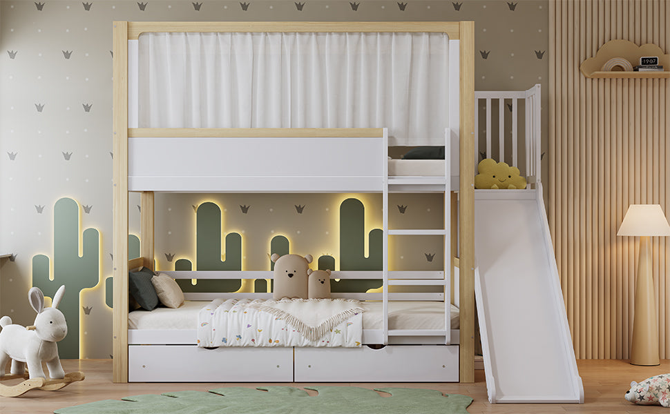 Bunk Bed, Children's with Drawers, Slide & Fabric Curtain, Pine, MDF, Plywood, White & Natural, 90x200cm