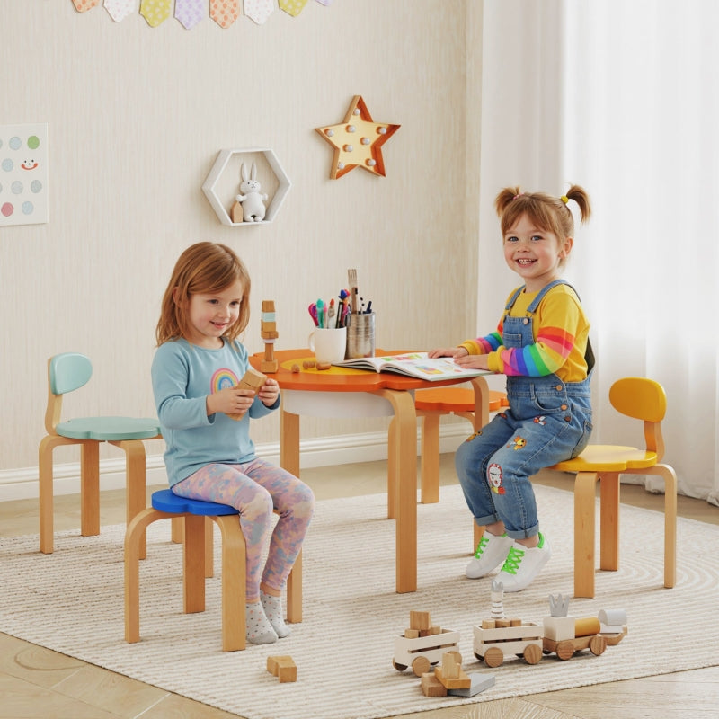 Children's Table and Chair Set 5-Piece Flower Shape Storage Bag - Wood Colorful