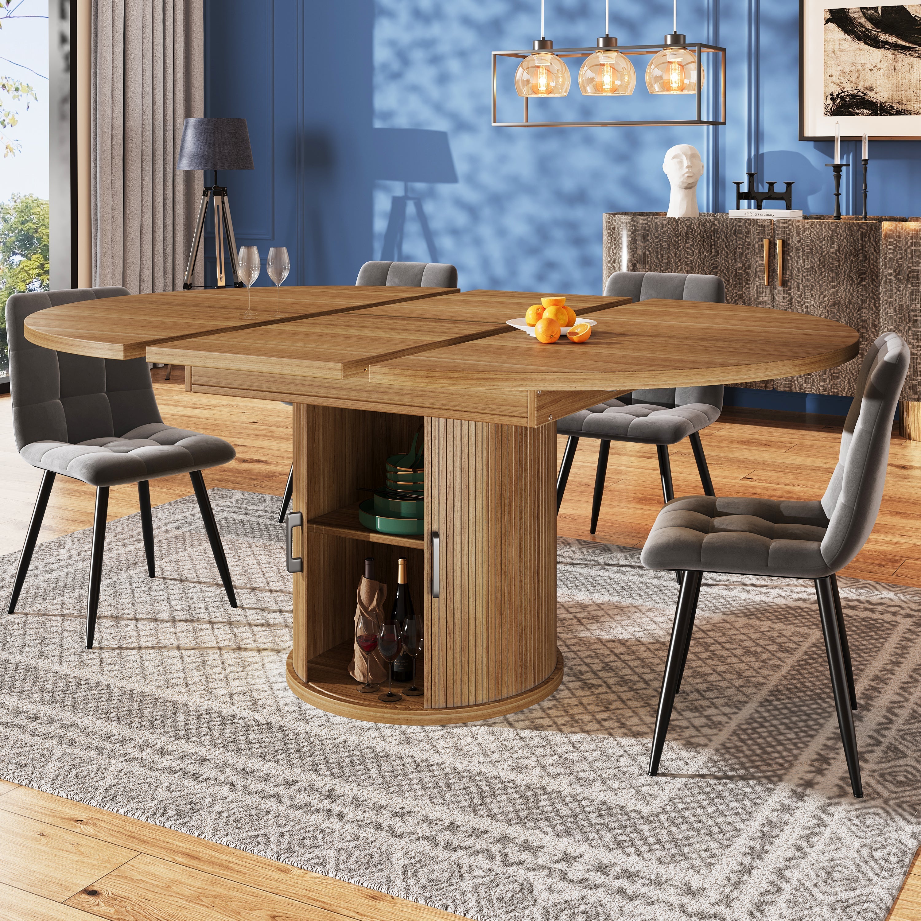 Extendable Dining Table Round/Oval 118-158 cm Seats 6 Walnut/Black