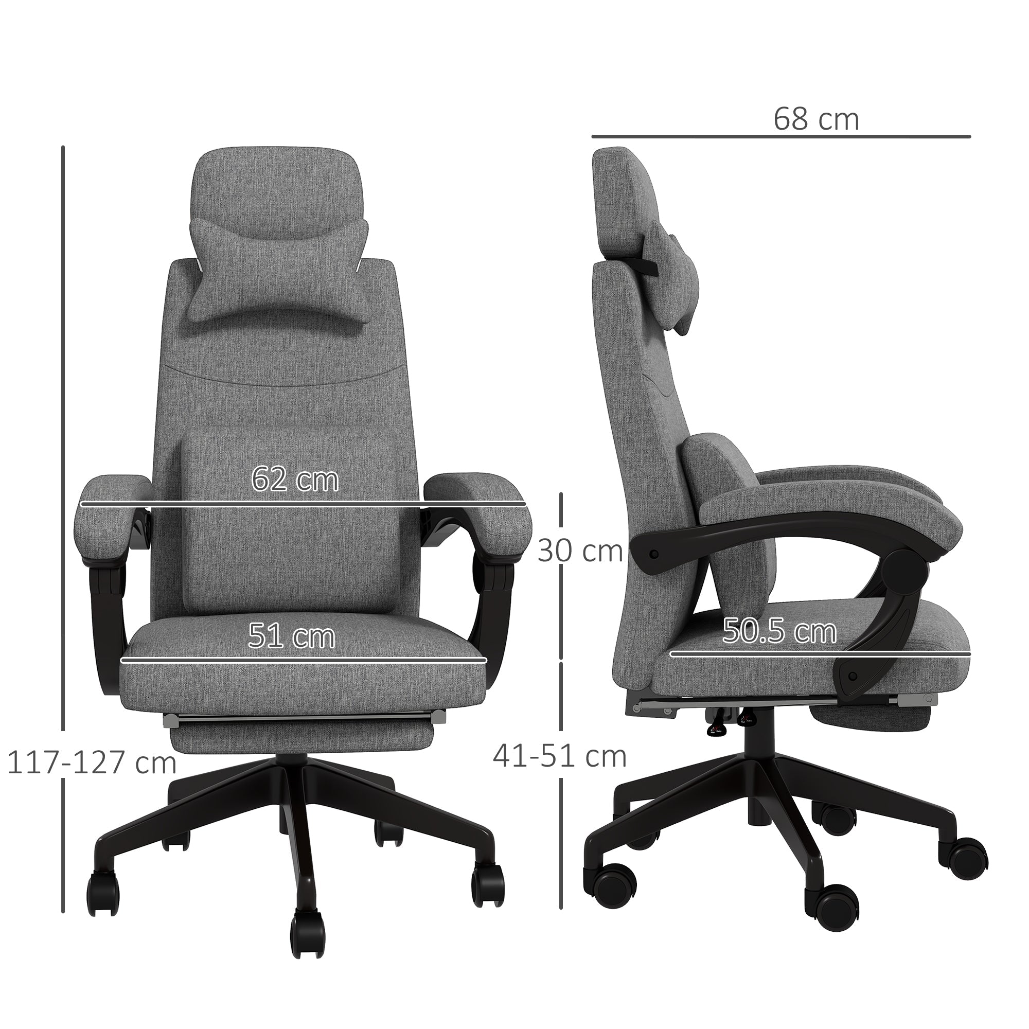 Linen-Look Office Chair with 160° Reclining Back and Footrest - Grey