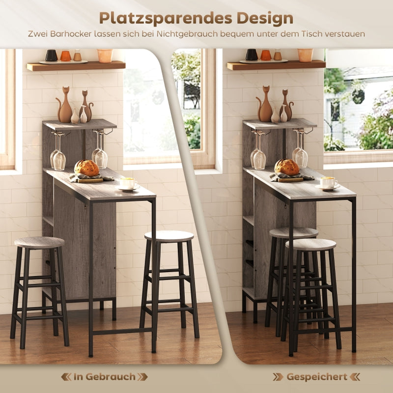 3-Piece Bar Table Set, Storage Wine Racks Footrest Stools, Grey