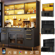 Modern Sideboard Tall Storage Cabinet with LED Lighting and Pegboard, Black