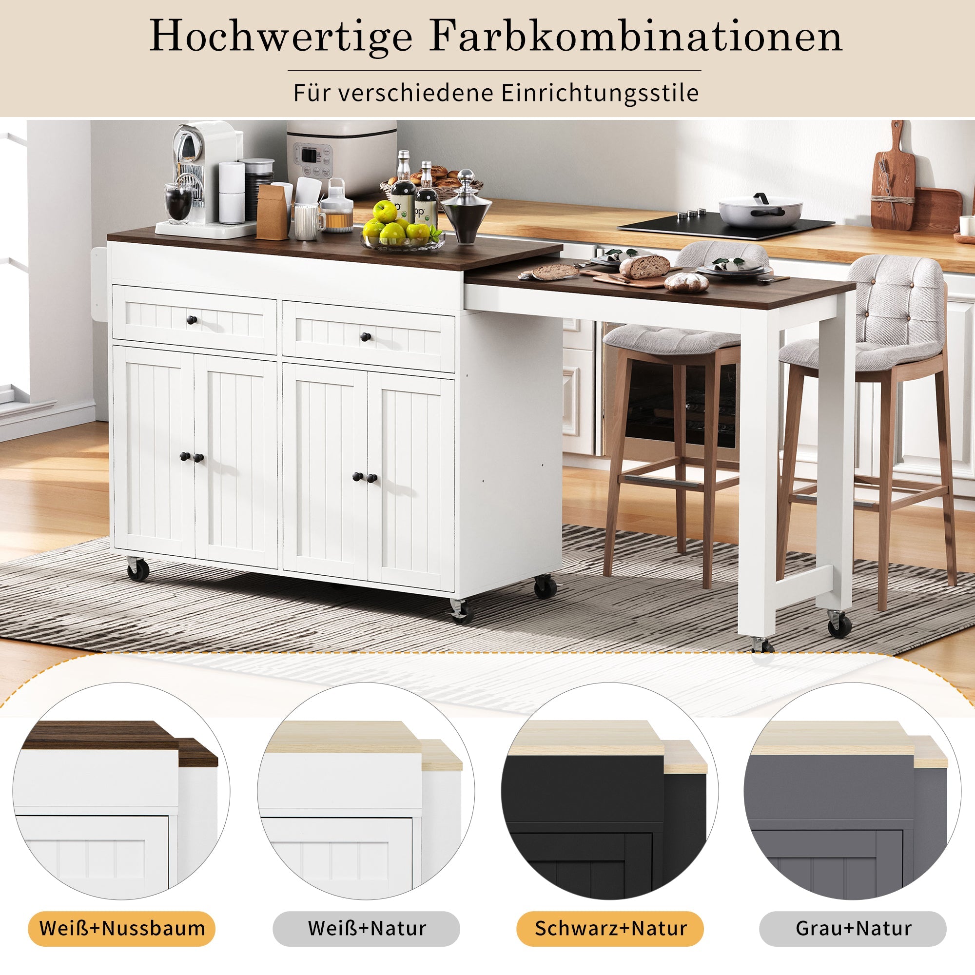 Kitchen Island on Wheels, Extendable with Worktop & Drawers, White + Walnut