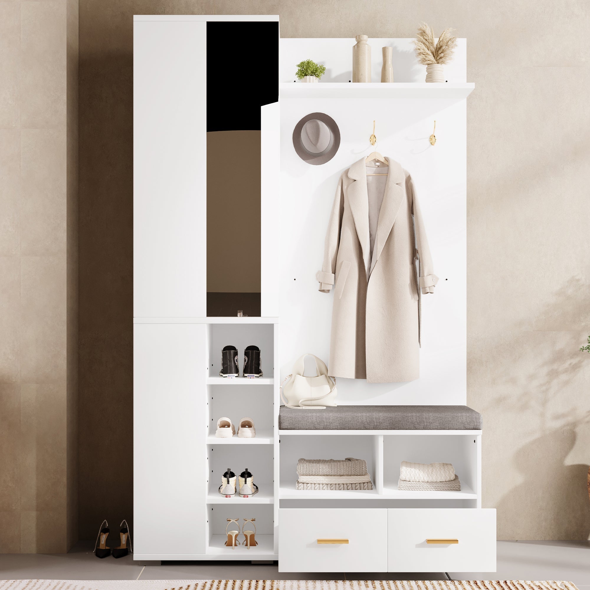 Wardrobe Set Hallway Cabinet Mirror Shoe Bench Clothes Rail 2 Drawers White