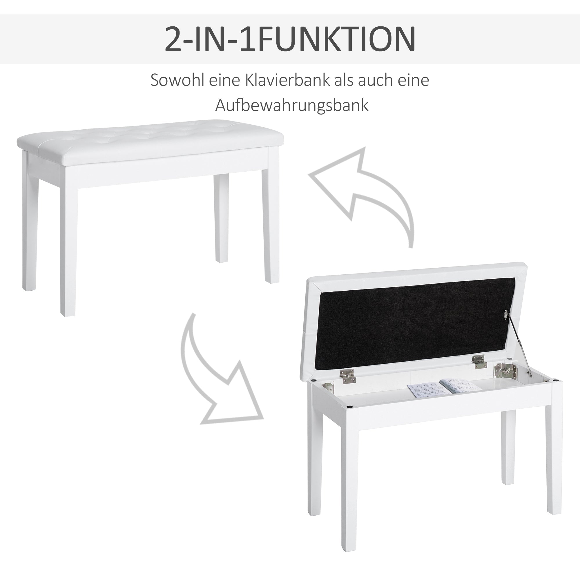 Piano Stool Bench with Storage Space, Rubber Wood & Faux Leather, White
