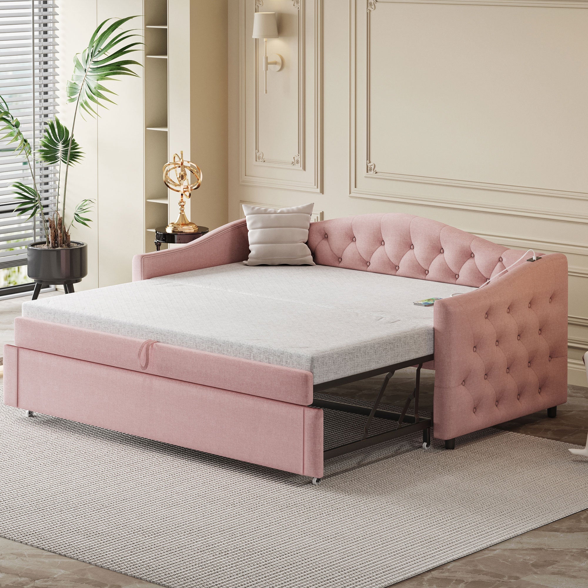 Upholstered Bed Pull-out Sofa Bed with USB Port, Pink Linen Fabric