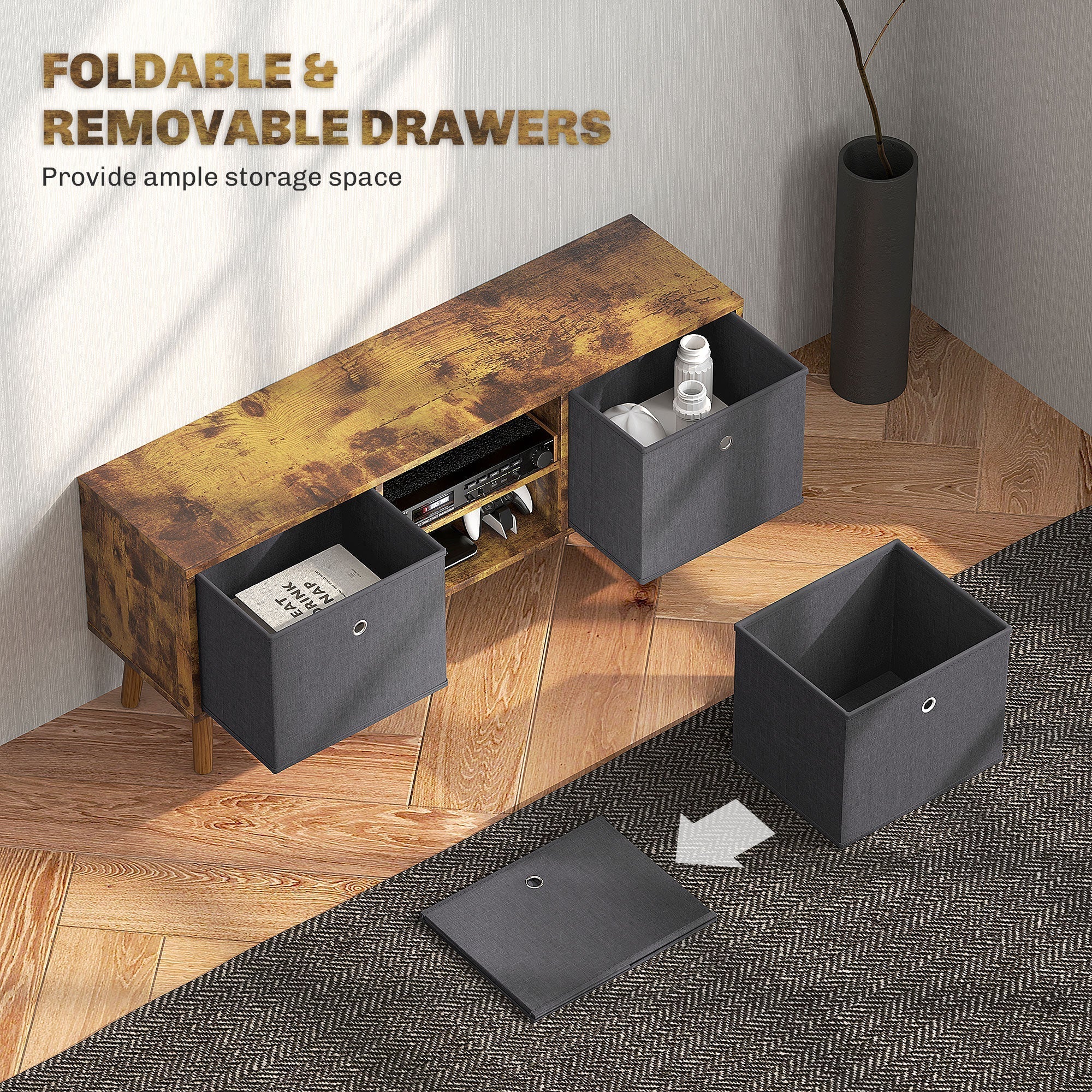 TV Cabinet Stand Unit for TVs up to 50'' with Foldable Drawers, Rustic Brown