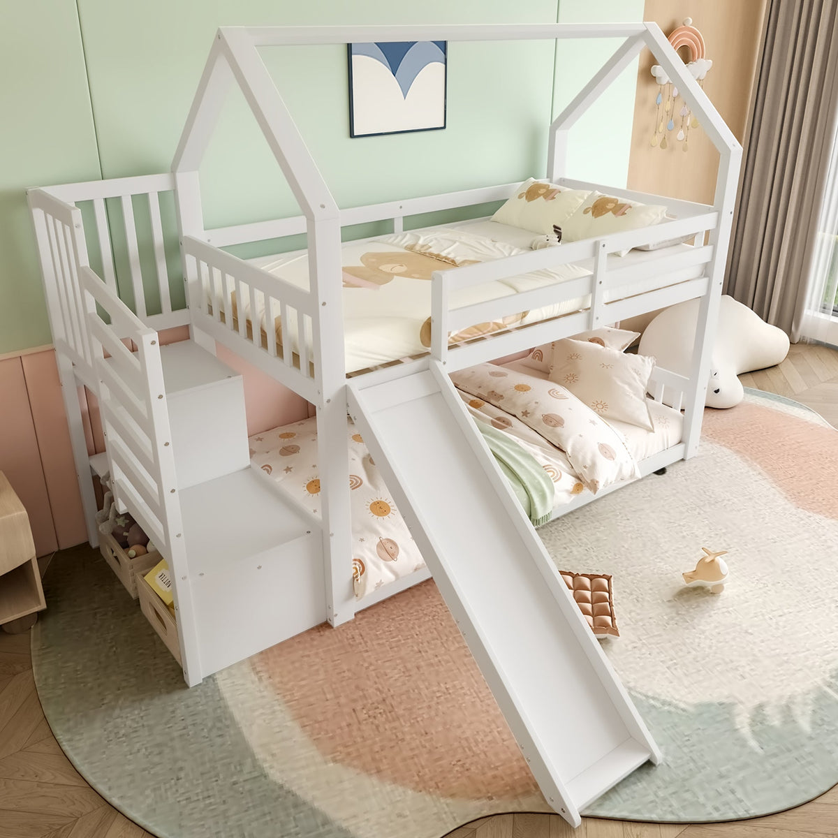 Bunk Bed House 90x200cm Storage Stairs Slide Railing - White