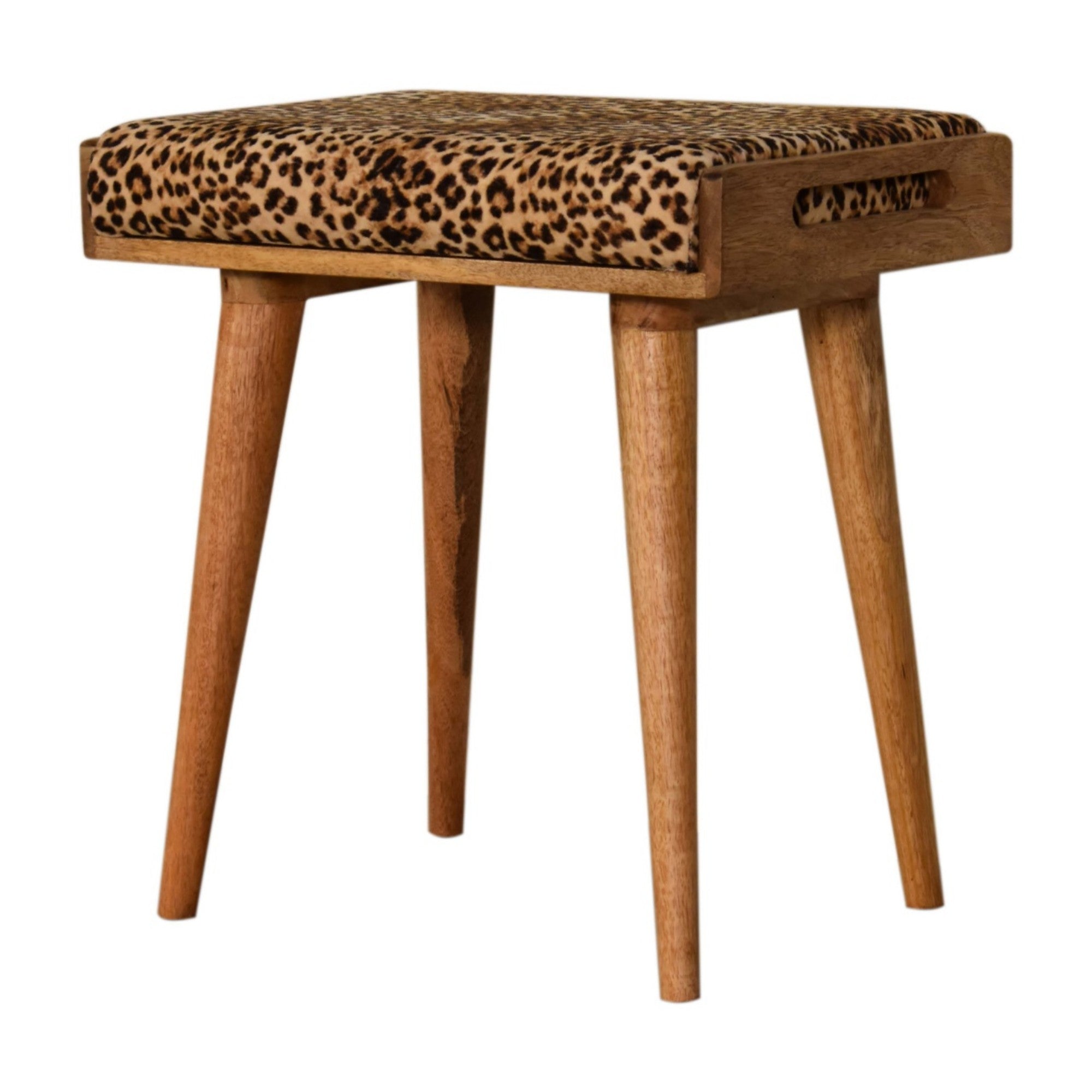 Solid Wood Footstool, Tray Style Upholstered Leopard Velvet, Light Brown