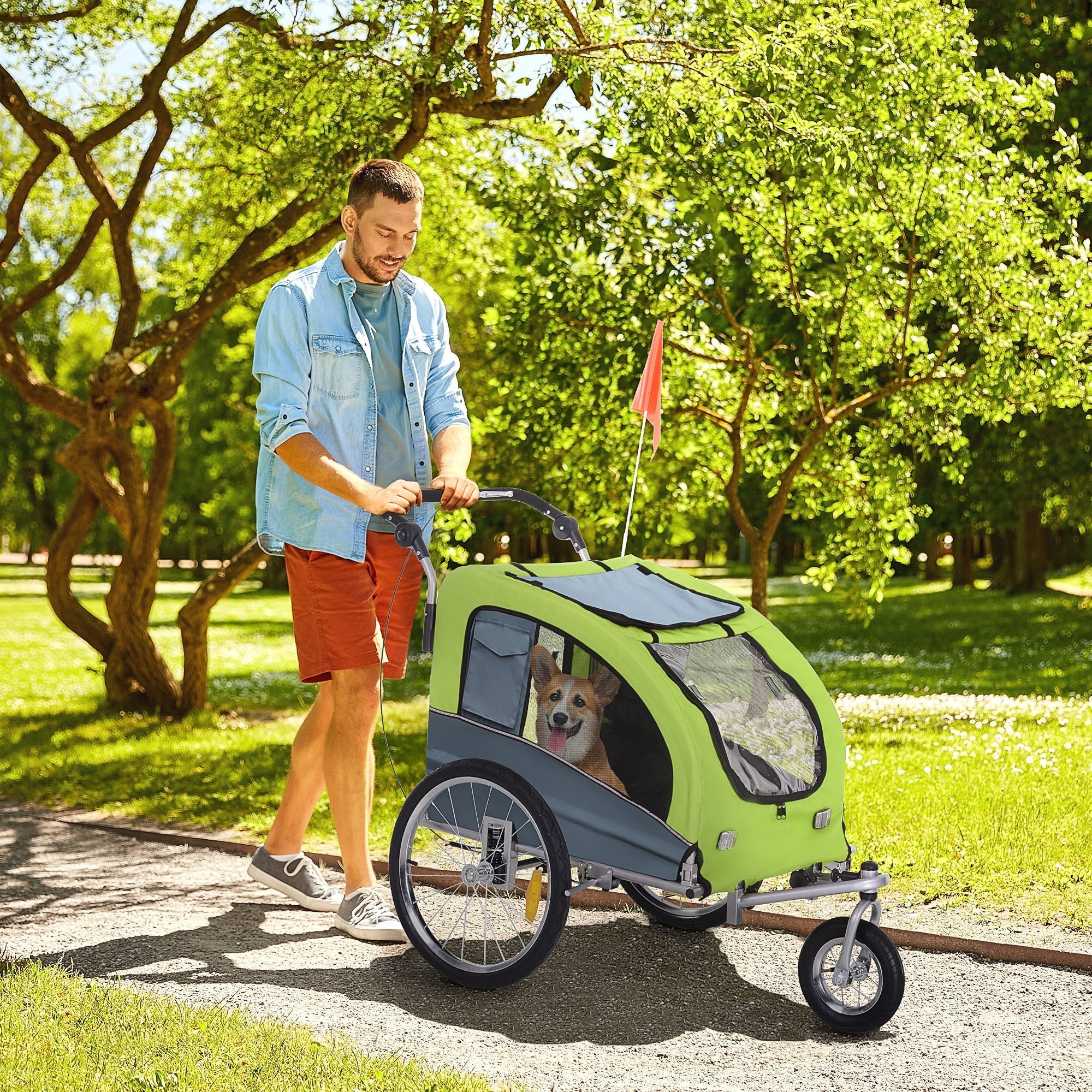 fahrradanhänger garten Hundeanhänger Jogger Fahrradanhänger, Groß & Robust, mit Sicherheitsflagge, Grün+Grau