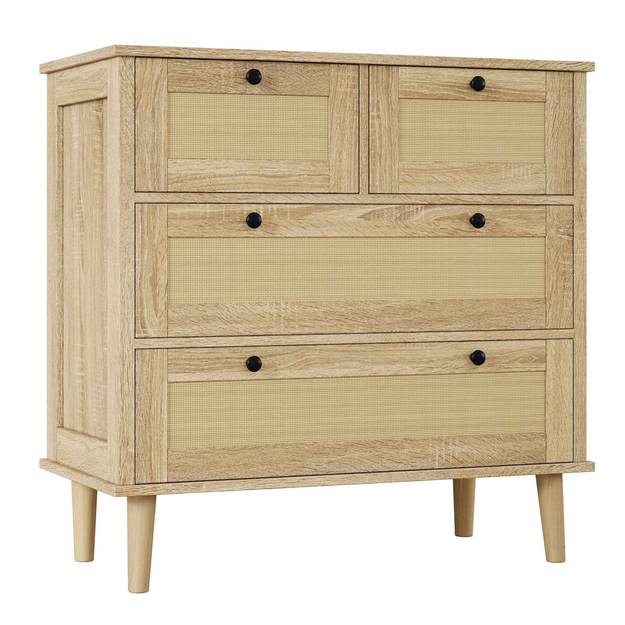 Chest of drawers with four drawers, rattan, solid wood