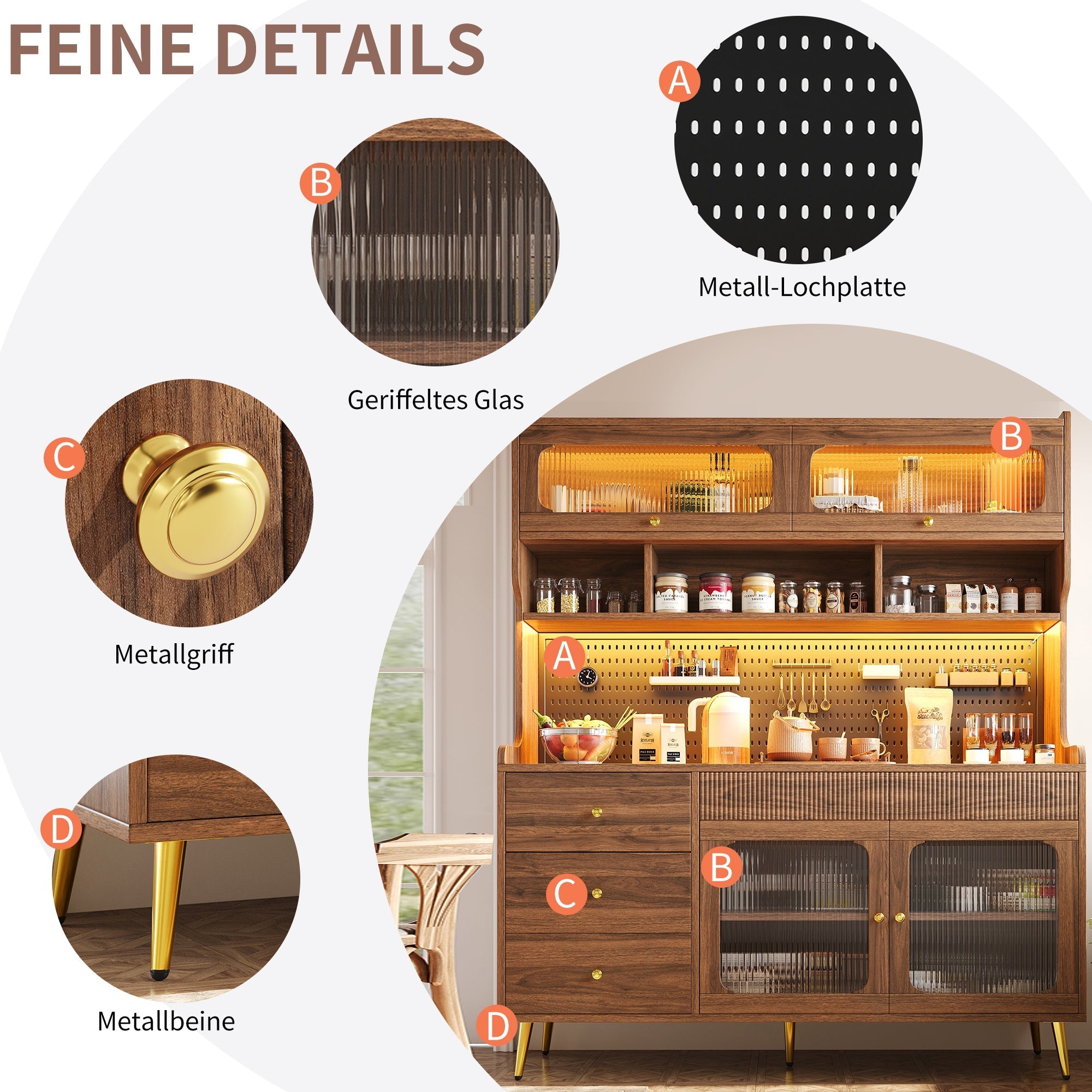Modern Tall Sideboard 145x171cm with LED Lighting, App Control & Storage - Walnut