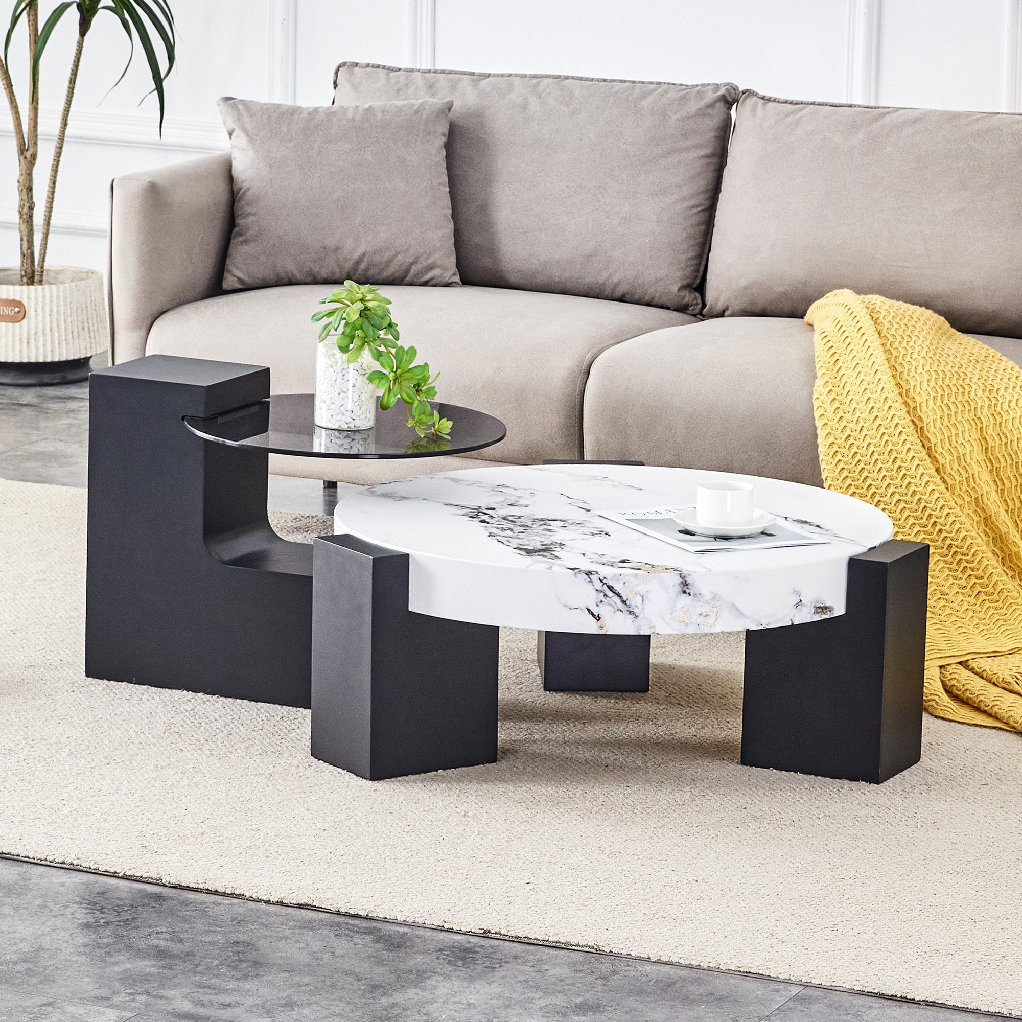 Round Side Table Two Levels Grey Glass Marble Effect Top - Black MDF