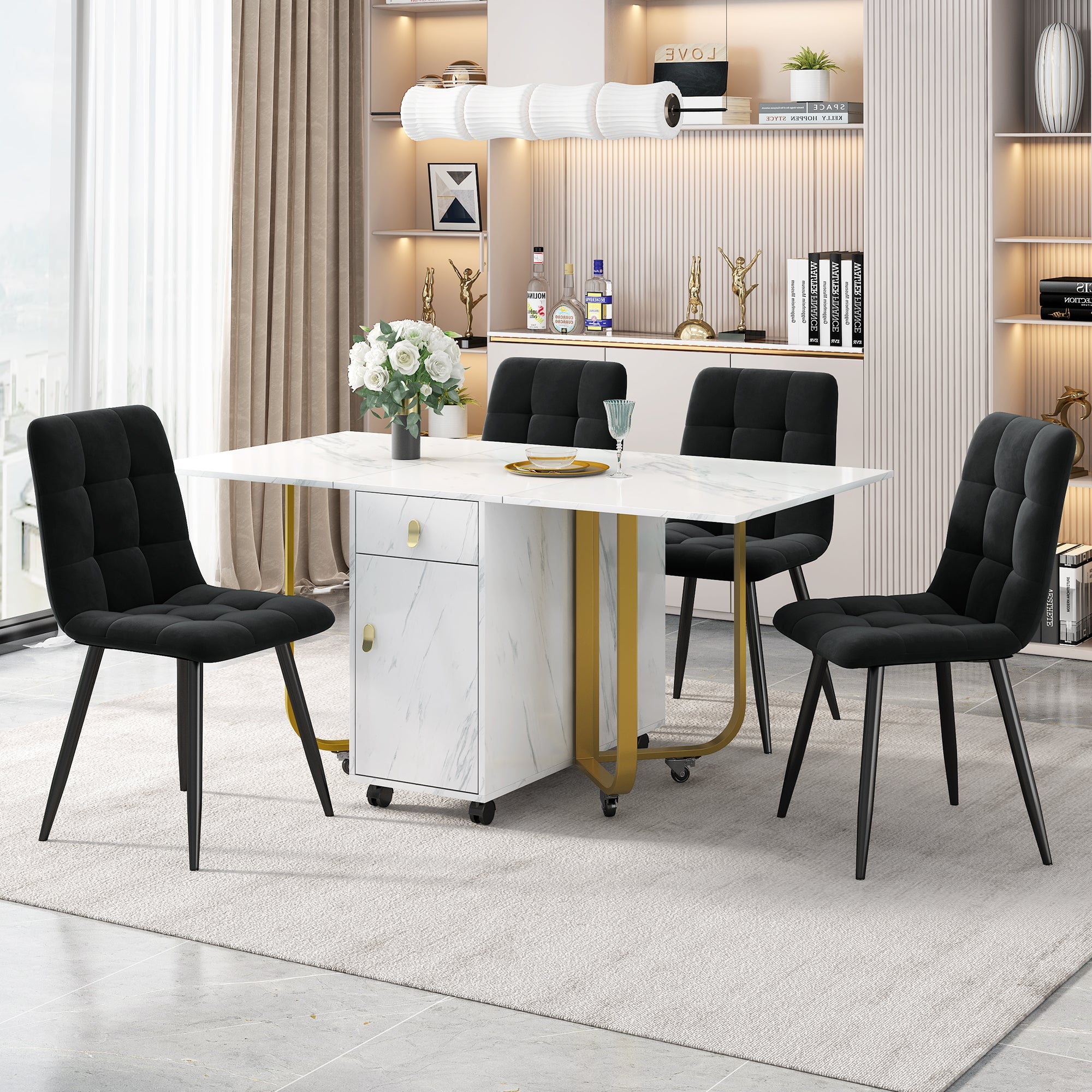 Dining Set, 4-Chair Folding Kitchen Table, Velvet Chairs, White MDF & Black Legs