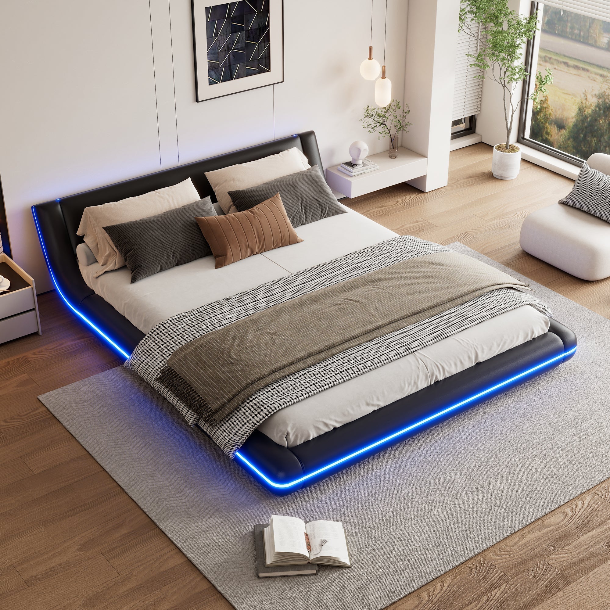 Flatbed Floor Bed 160x200cm with LED Ambient Light PU Black