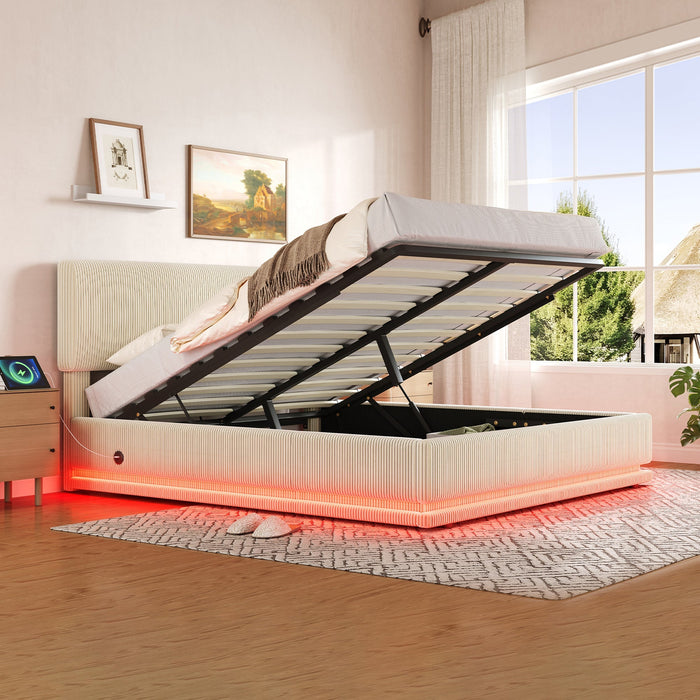 Modern Upholstered Bed with LED Lighting, USB-C and Storage, Corduroy Beige