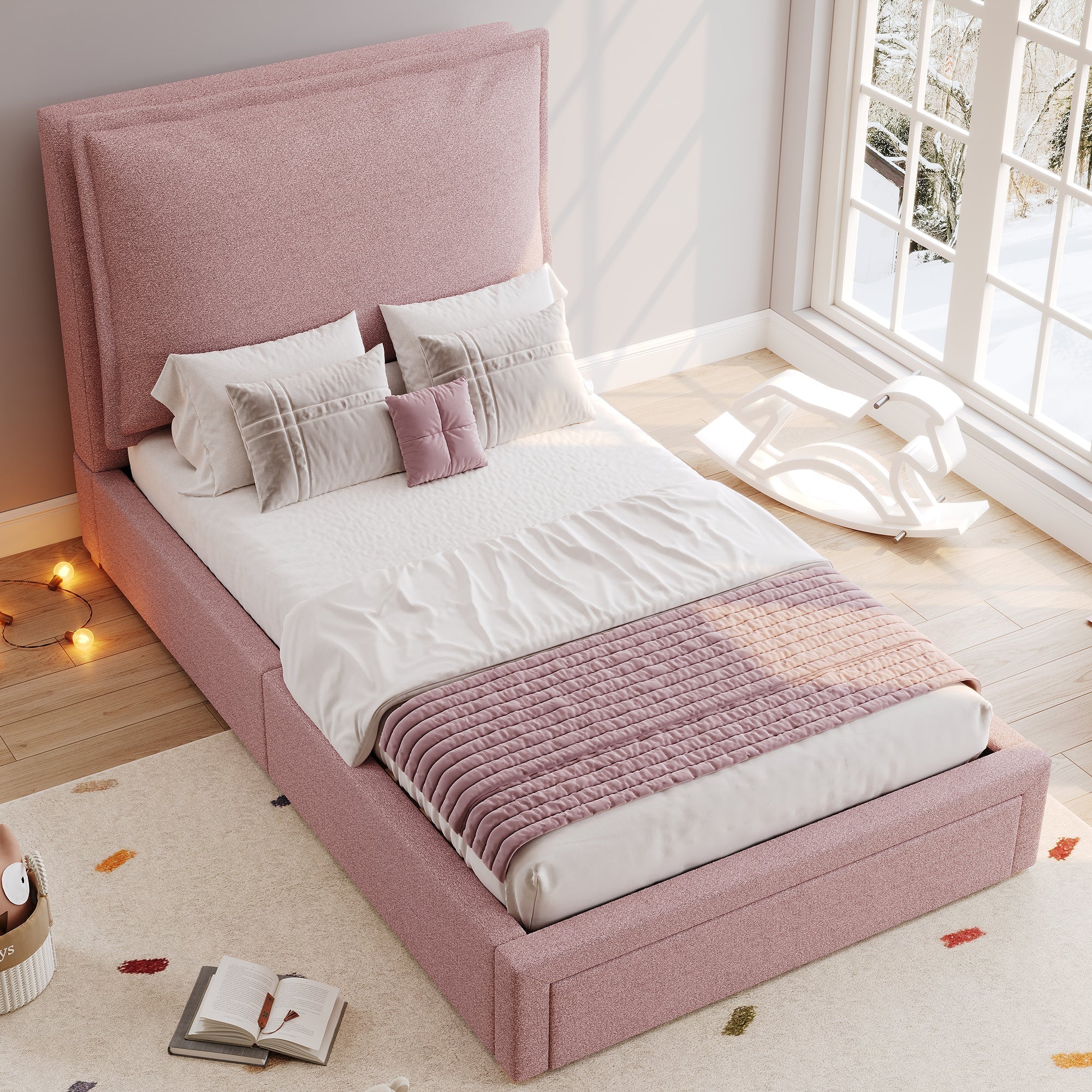 Upholstered Bed, Single/Children's Functional with Storage, Pink Chenille