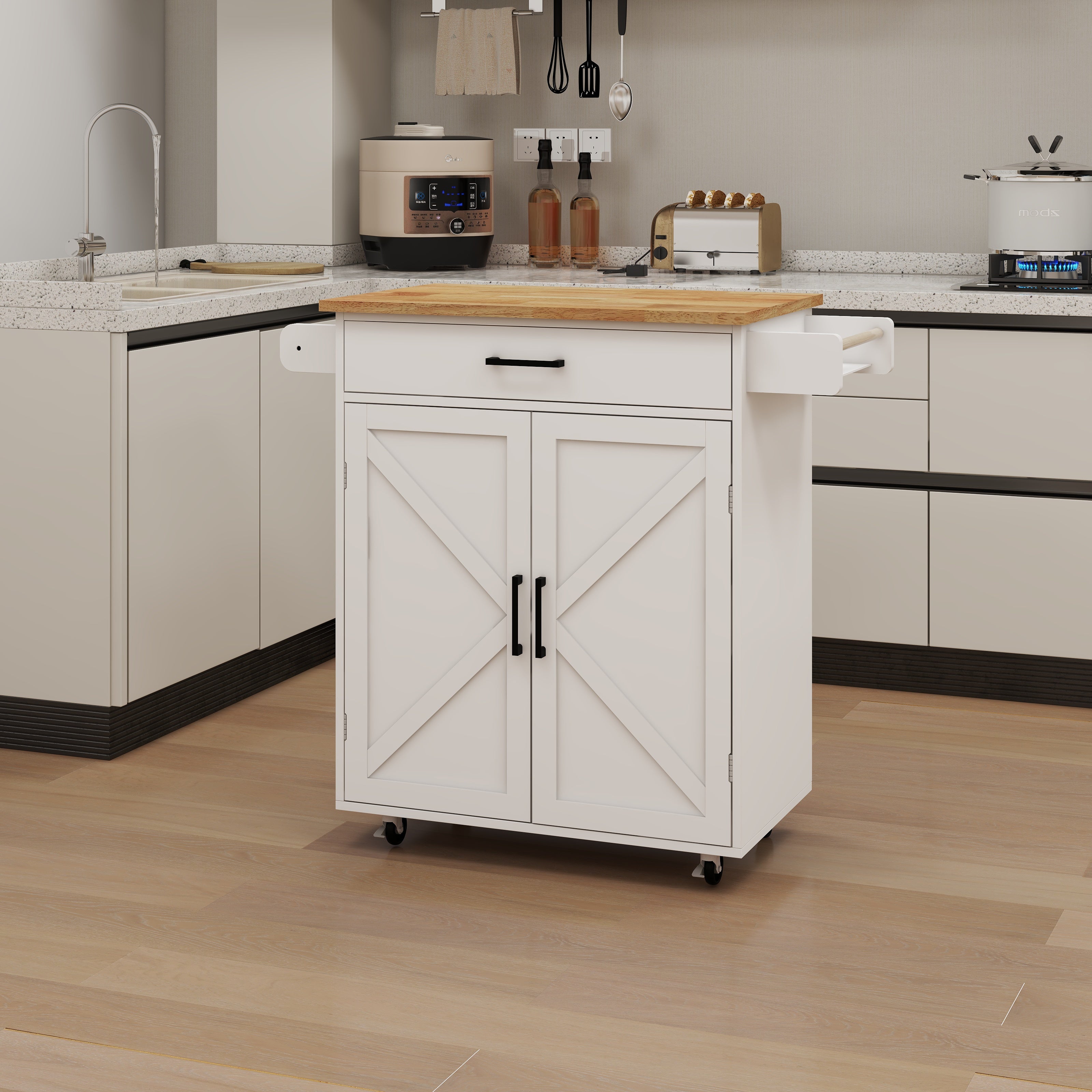 Kitchen Island Trolley Cart with Adjustable Shelves, Towel/Seasoning Racks - Rubber Wood, White