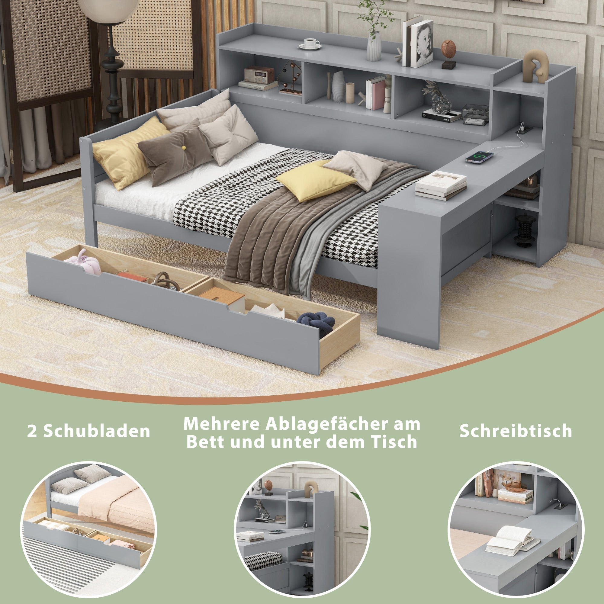 Sofa Bed Daybed, 90x200cm, USB, 2 Drawers, Desk, Grey Chipboard