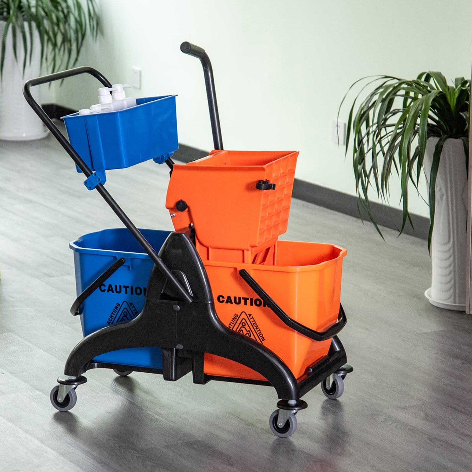 Cleaning Trolley Professional Jaw Press 2 Buckets Storage, Orange Blue