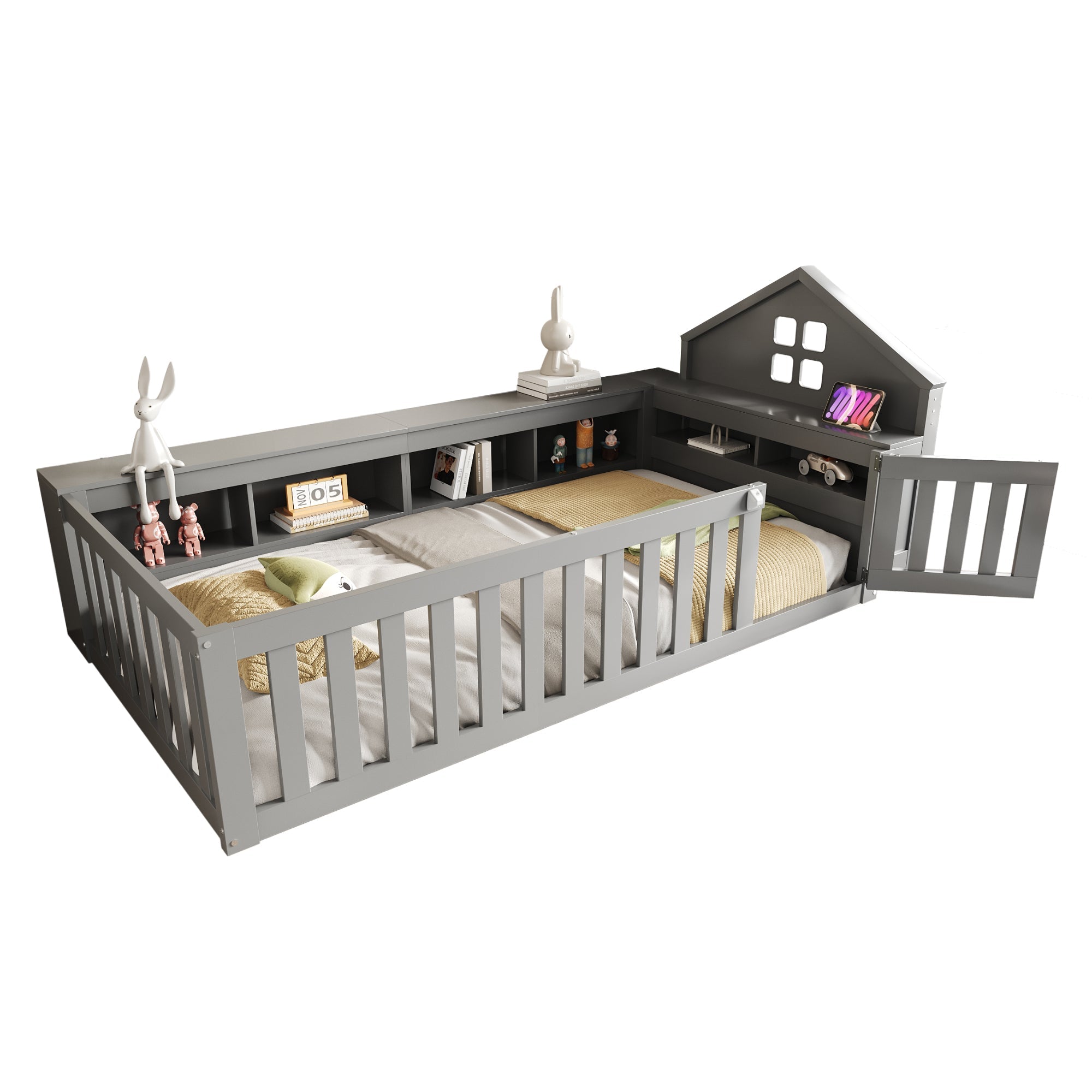 Children's Bed 90x200cm, Roof & Window, Storage, Safety Gate & Door, Solid Wood, Grey