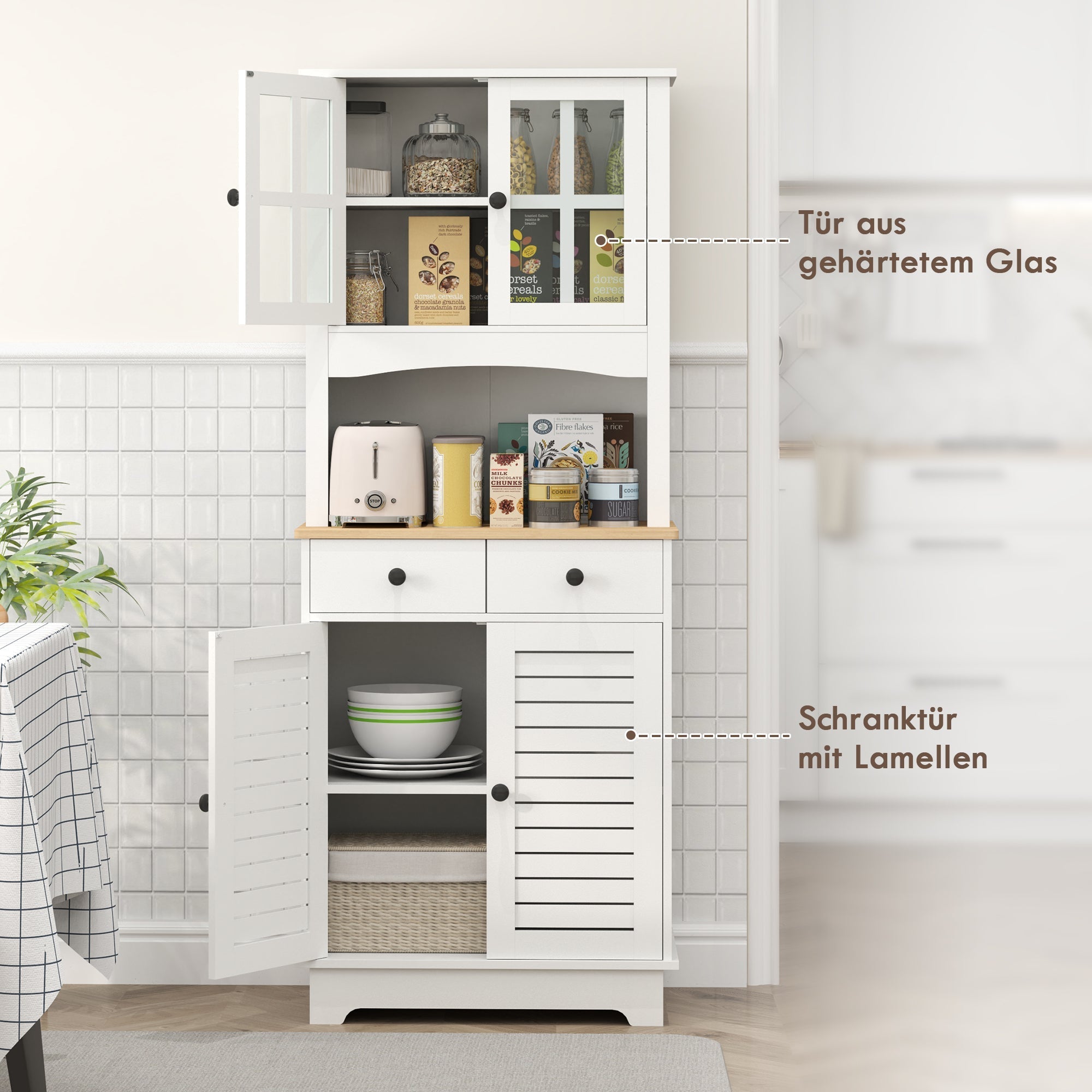 Kitchen Cabinet Glass Doors 2 Drawers - Wood White