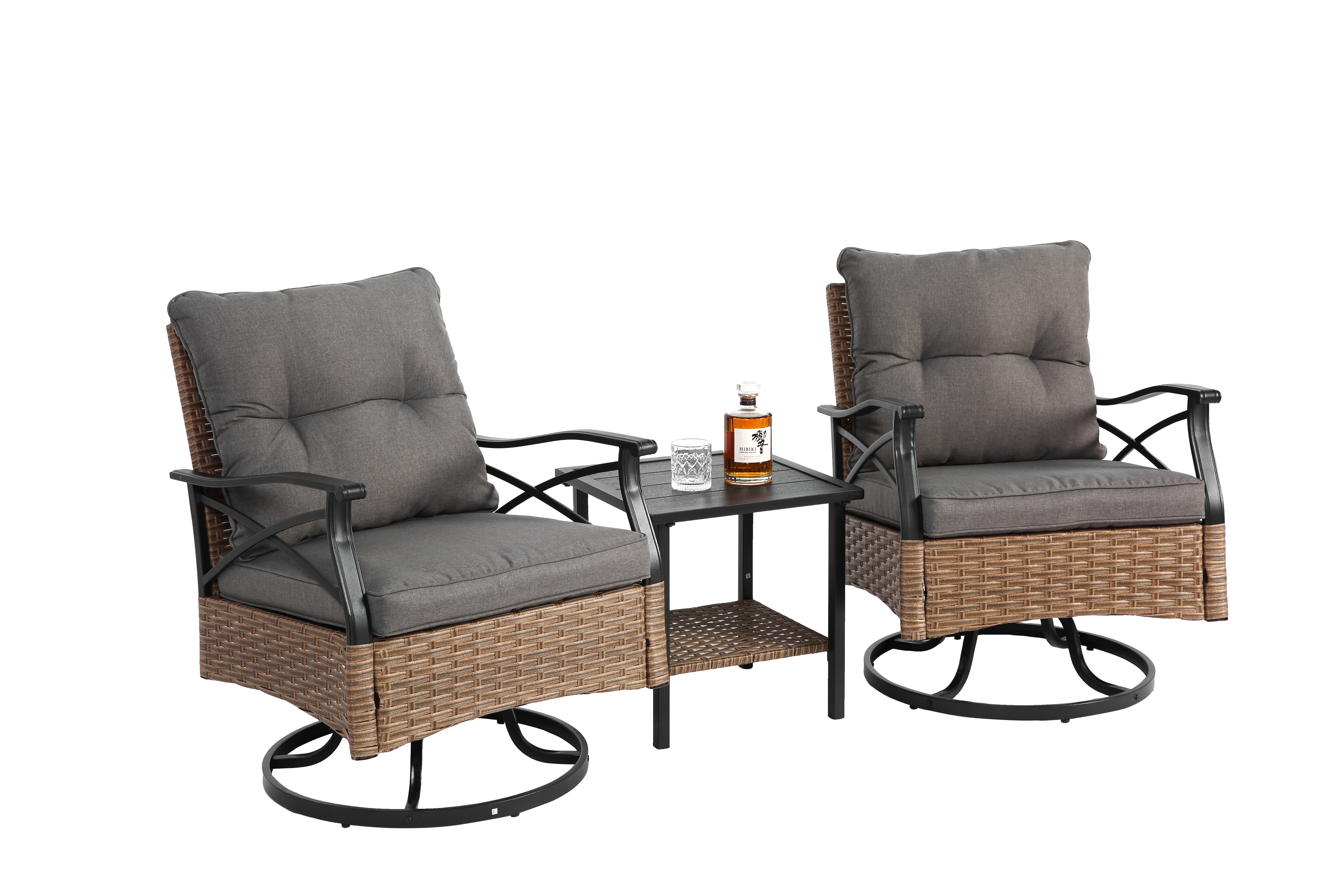 Outdoor Swivel Rocking Chair Set, 3 Pieces with 1 Table and 2 Chairs, 350lb Support, Brown Wicker