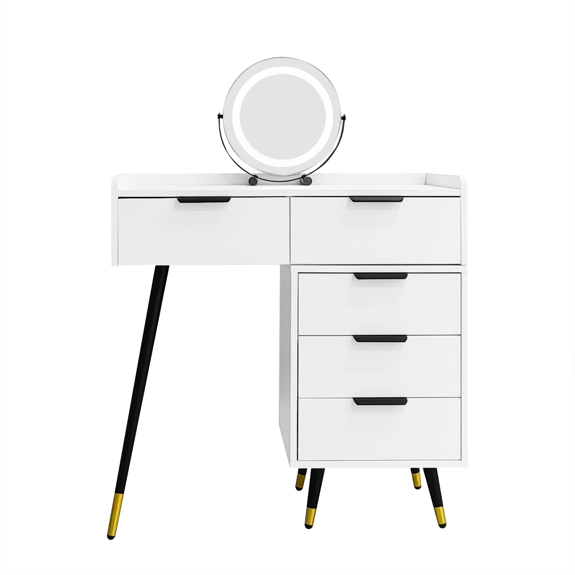 Dressing Table with Adjustable LED Mirror, 5 Drawers and Pull-out Side Cabinets, White Wood