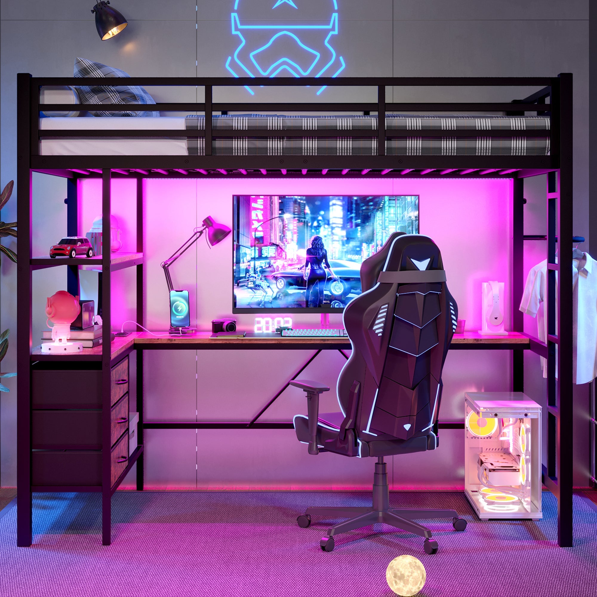 Loft Bed 90x200cm LED Lights, Desk, USB Port, 3 Drawers, Black