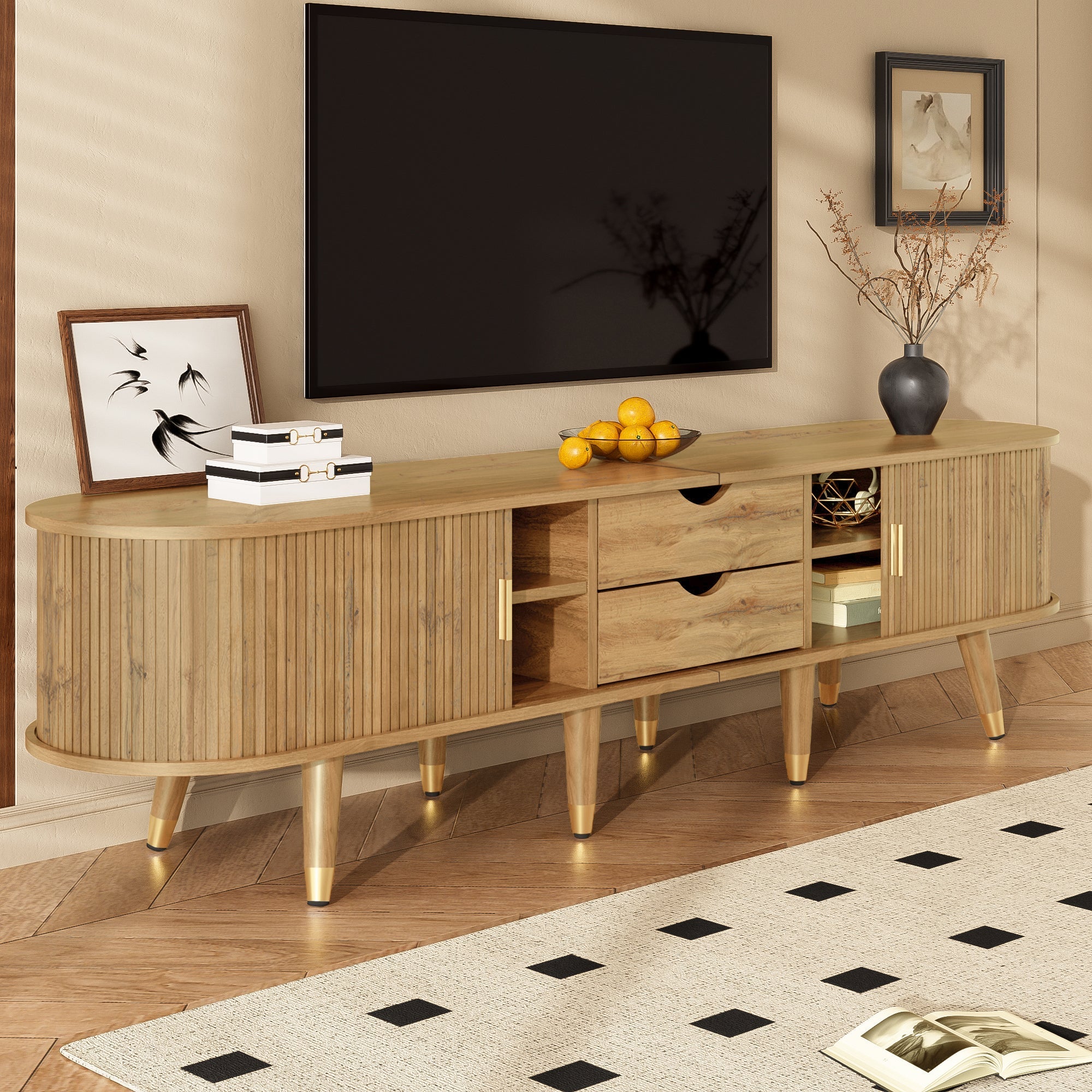 TV Cabinet Sliding Doors Media Console Wood Grain