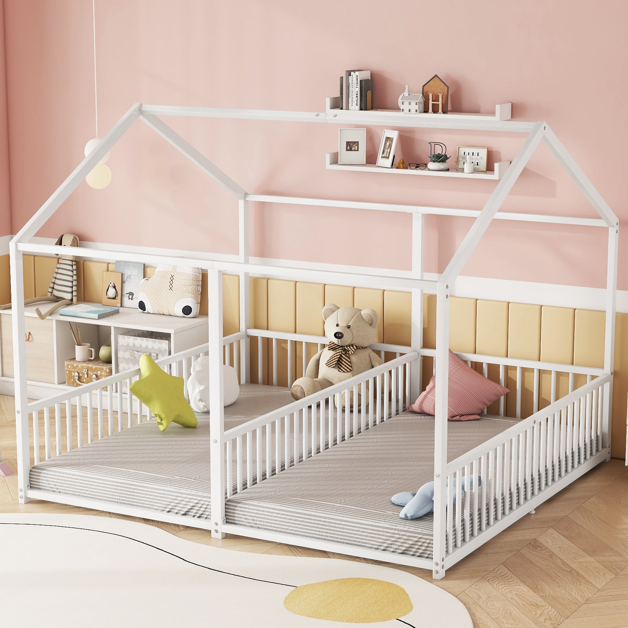 Metal Children's Bed 90x200cm House Design Railing Ladder - White