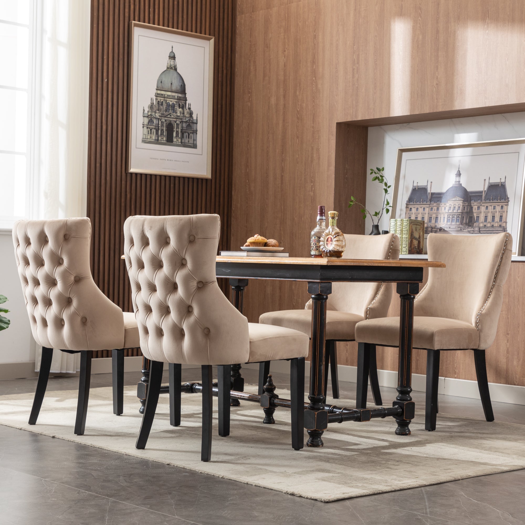 Set of 4 Dining Chairs Button Tufting Solid Wood Frame Beige Velvet