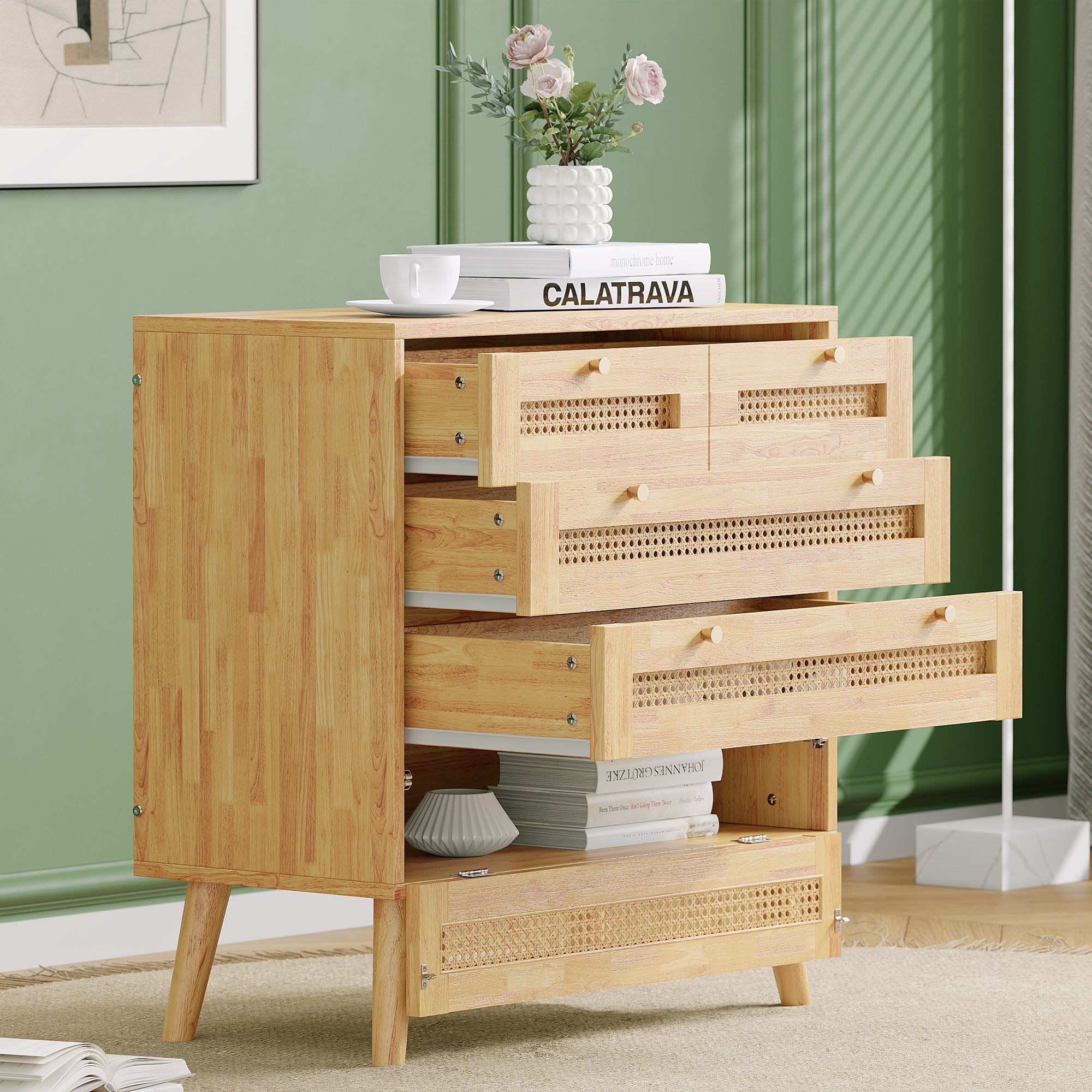Classic chest of drawers with 3 drawers, rattan drawer top, gold metal handle, wooden legs, chipboard