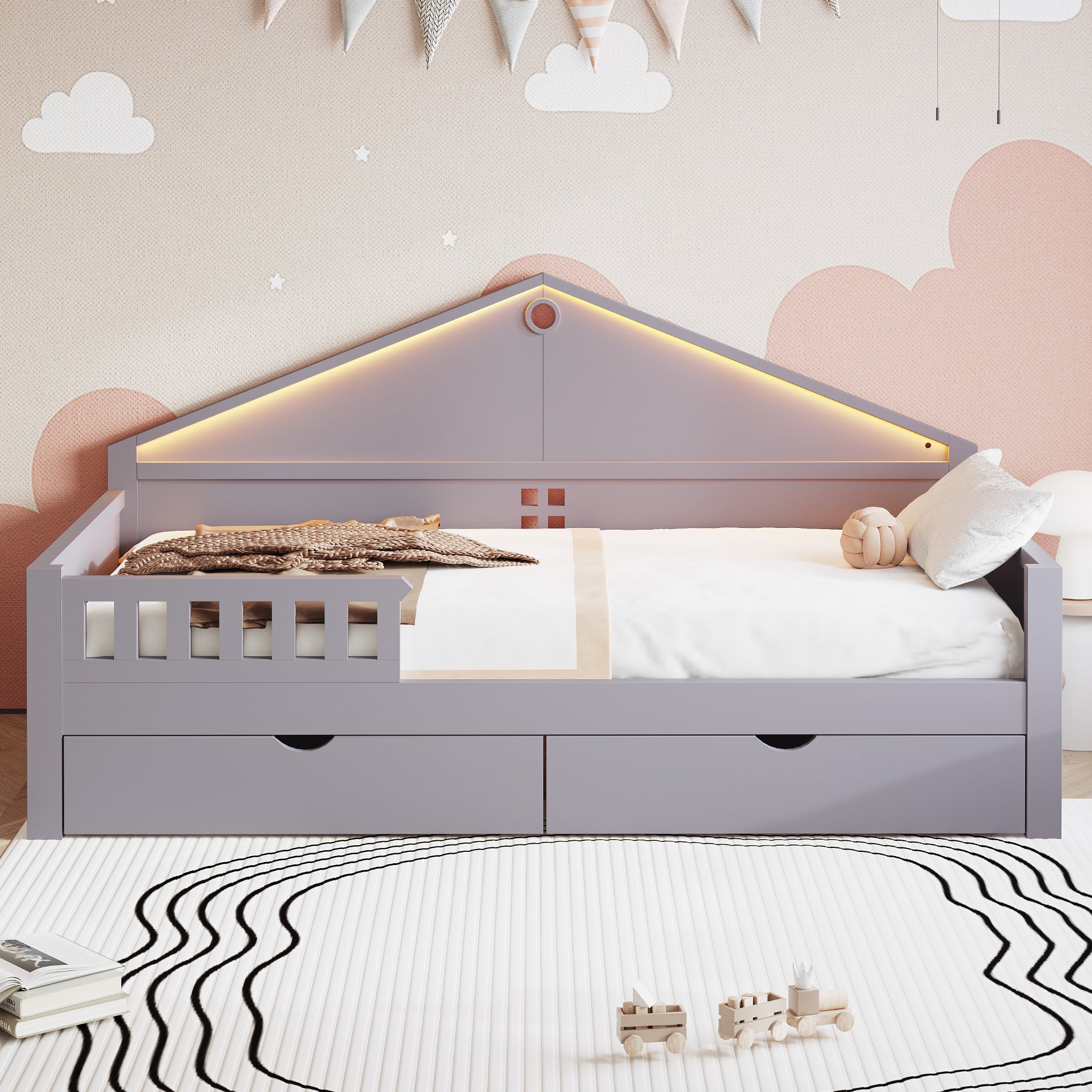 Children's Bed with LED Light Strip and Storage Drawers, 90x200 cm, Grey
