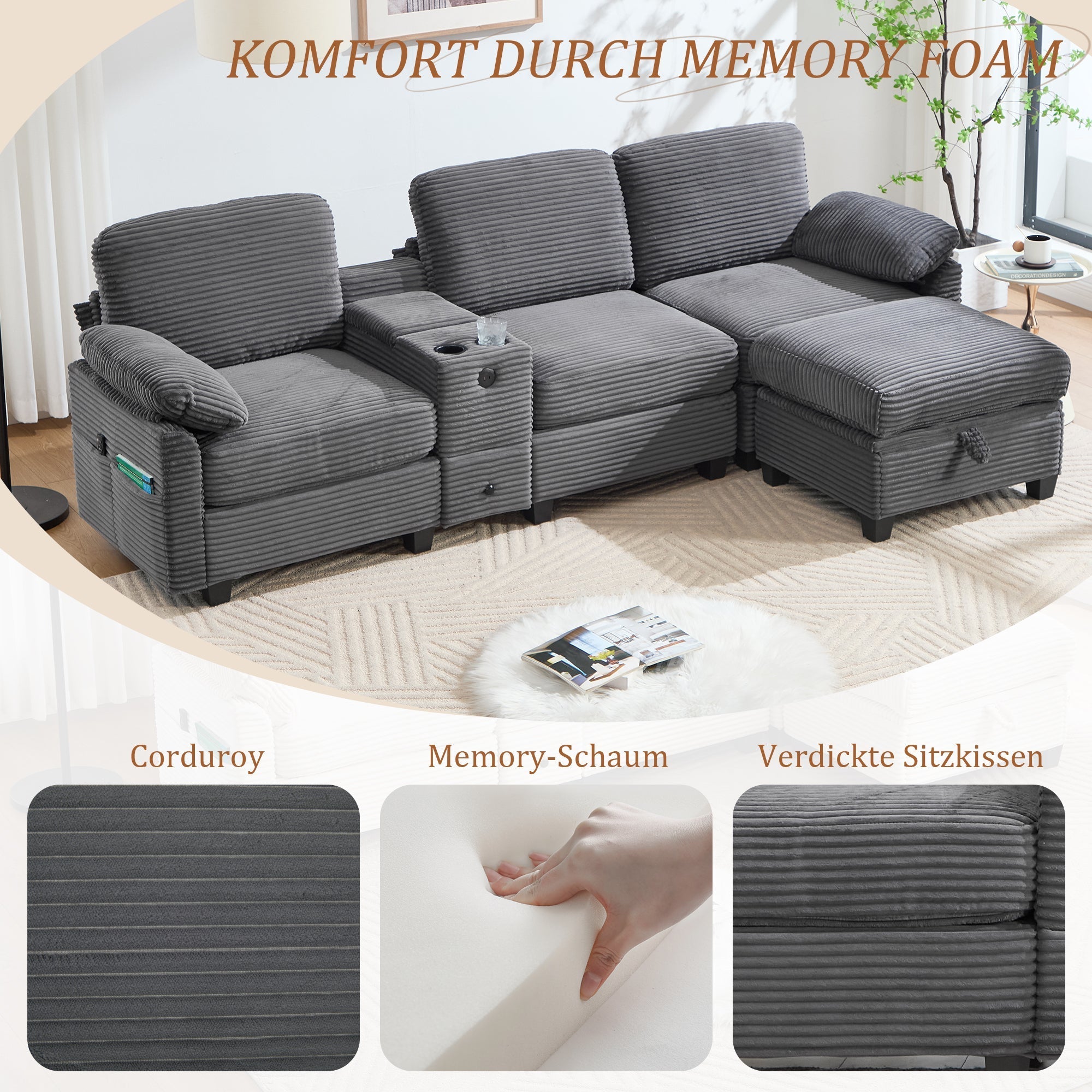 Sofa - Comfort Foam, Removable Console, USB-C, Storage Ottoman - Corduroy