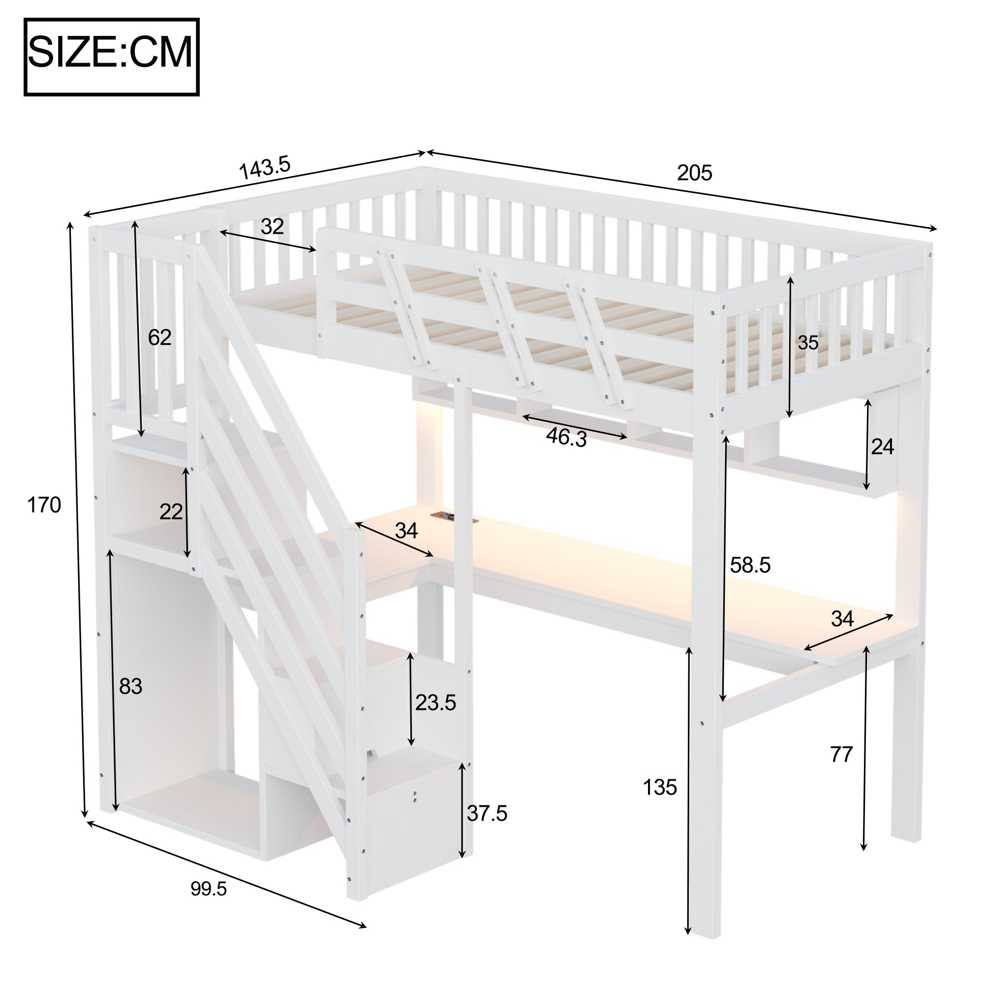 Solid Wood Loft Bed 90x200cm with Stairs Storage Cabinet Desk USB LED - White