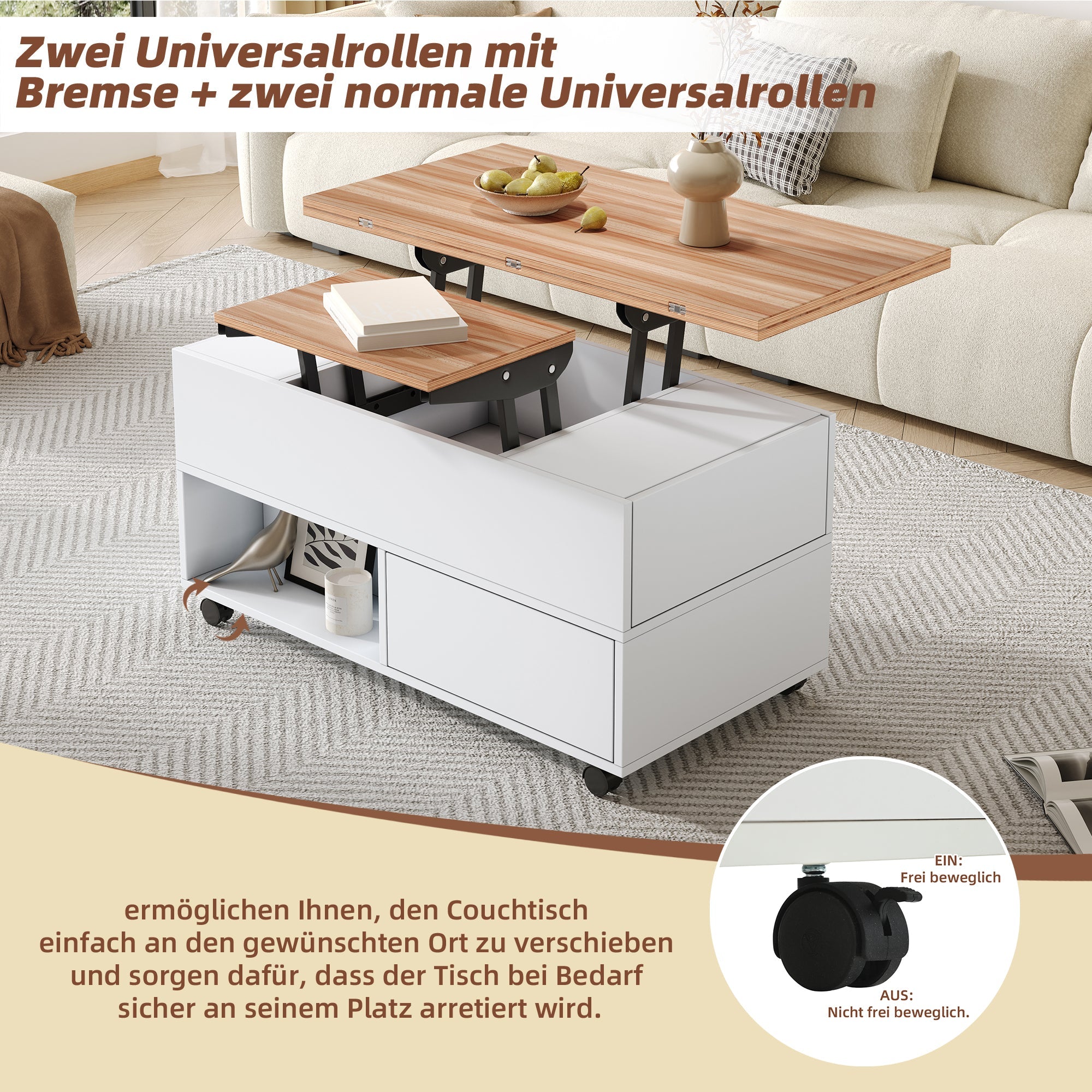 Coffee Table, 100x50x52cm Lift-Top with 4 Wheels & Drawers, White & Wood