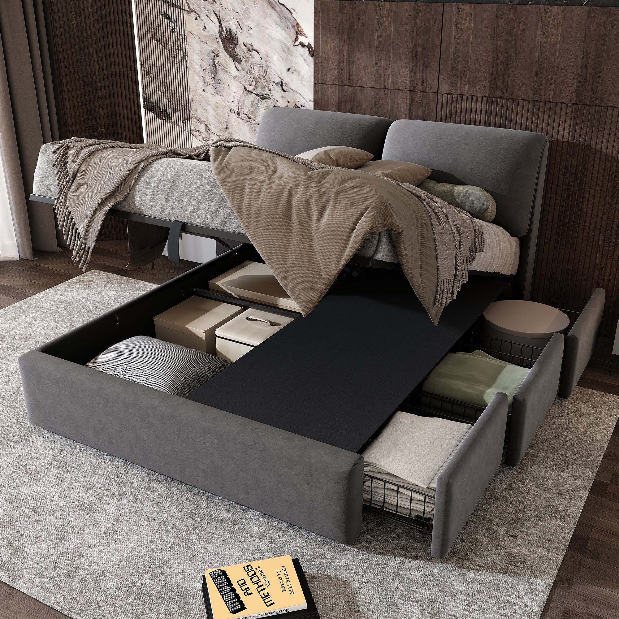 Upholstered Bed 140x190cm Hydraulic Storage 3 Drawers Velvet Gray