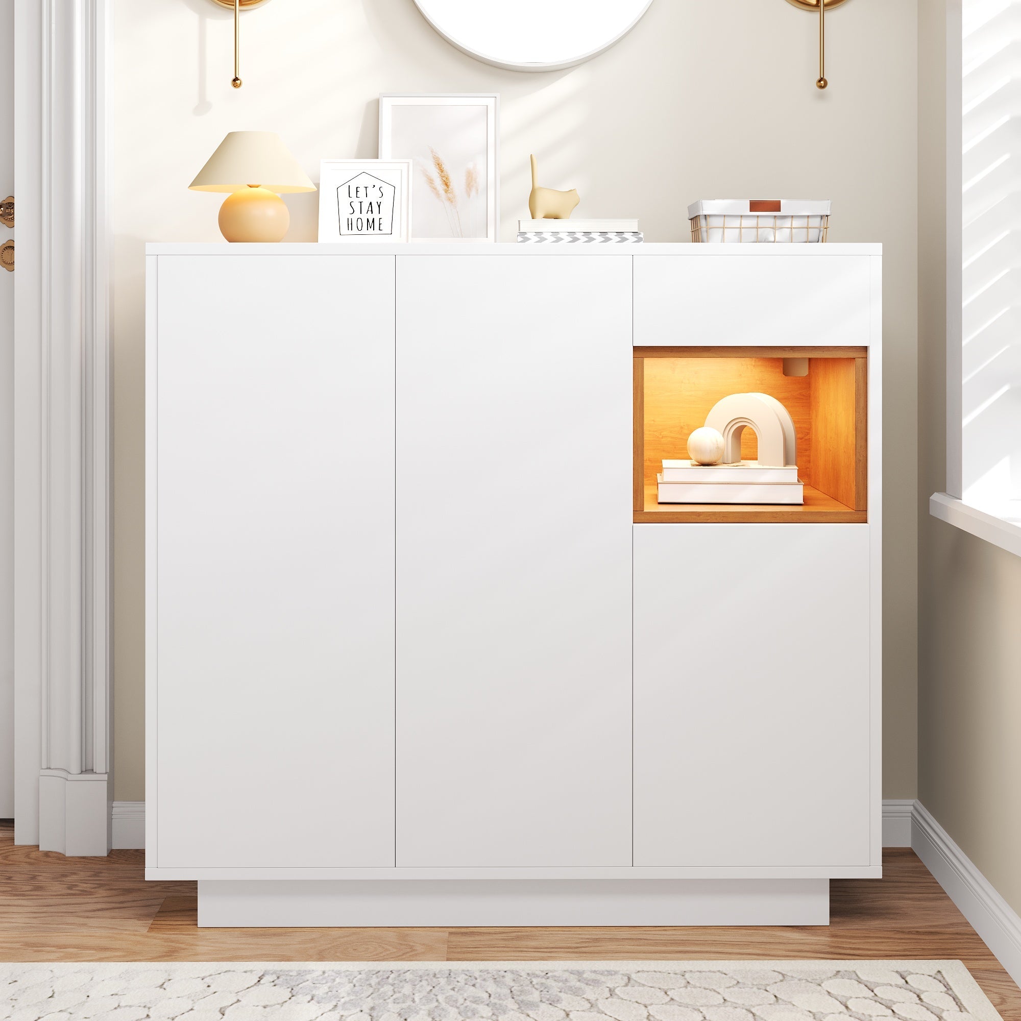 Shoe Cabinet with Adjustable Shelves for 14-18 Pairs, White and Natural Wood