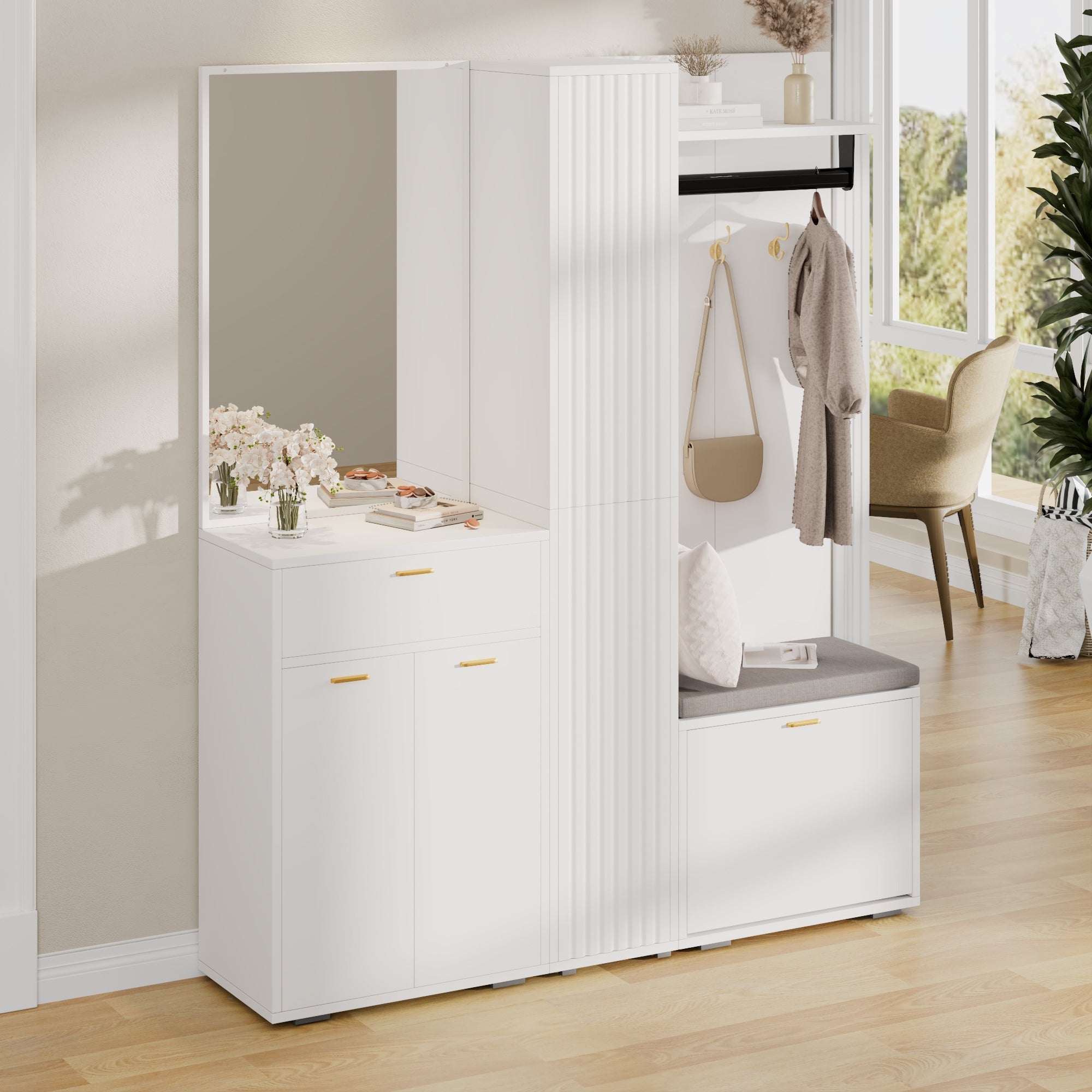 Wardrobe Set Compact Hallway Storage with Mirrored Sideboard Bench Shoe Rack 150x36x180 cm White
