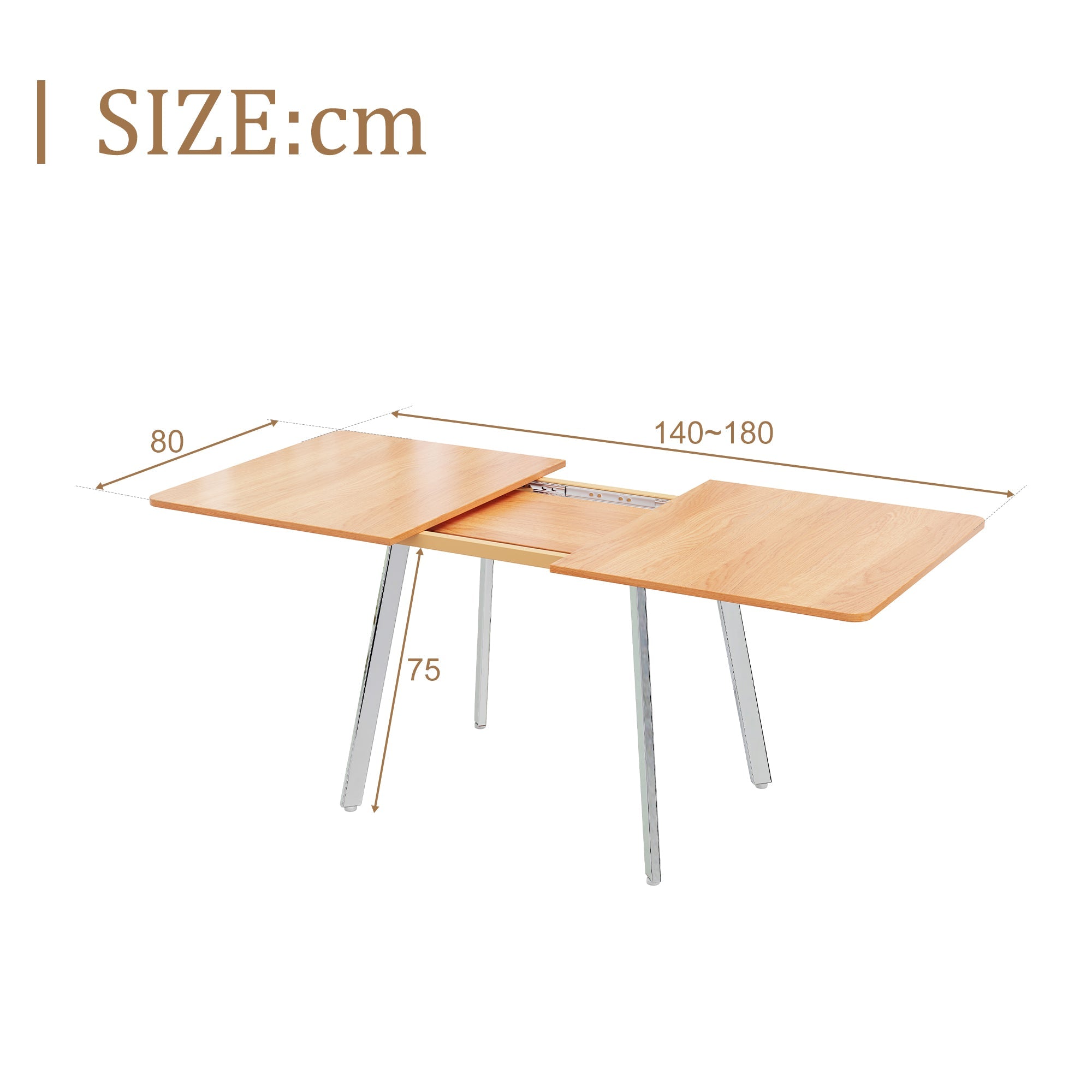Extendable Dining Table, 140-180cm for 4-6 People with Alloy Support, Natural and Silver Chrome