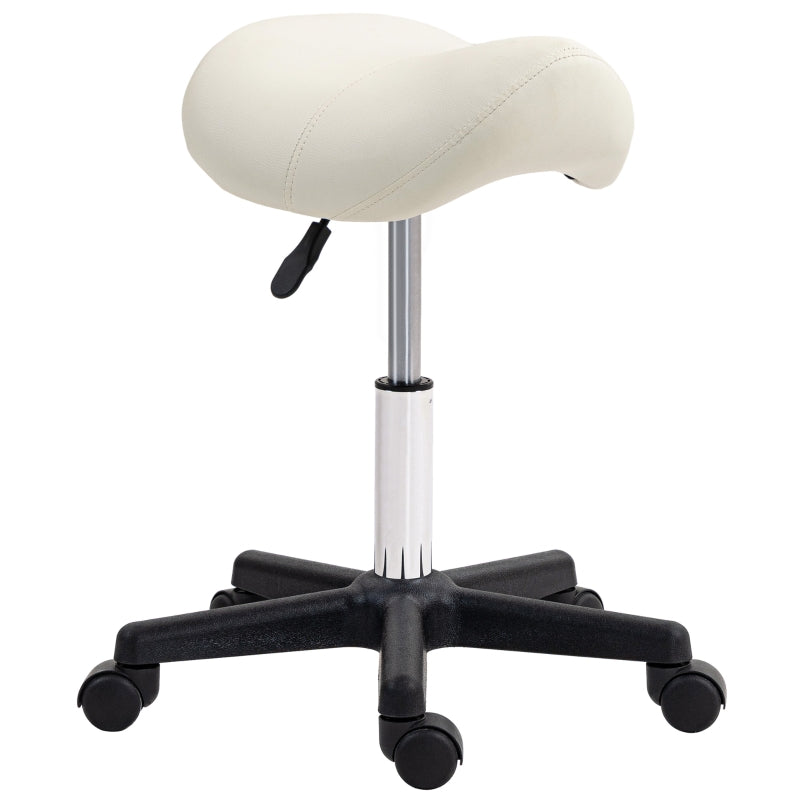 Saddle Stool Adjustable Rolling Salon Chair Steel Frame, PU Leather White