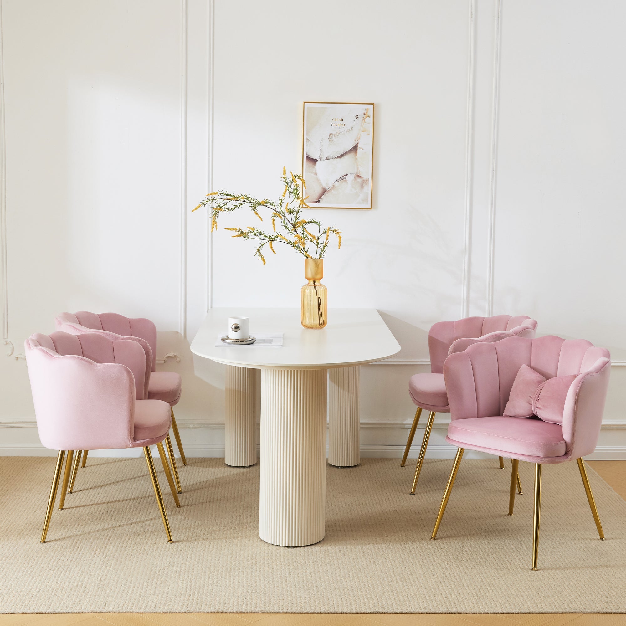 Velvet Chairs, Set of 4 Modern Upholstered with Petal Back & Butterfly Cushion, Gold Metal Legs
