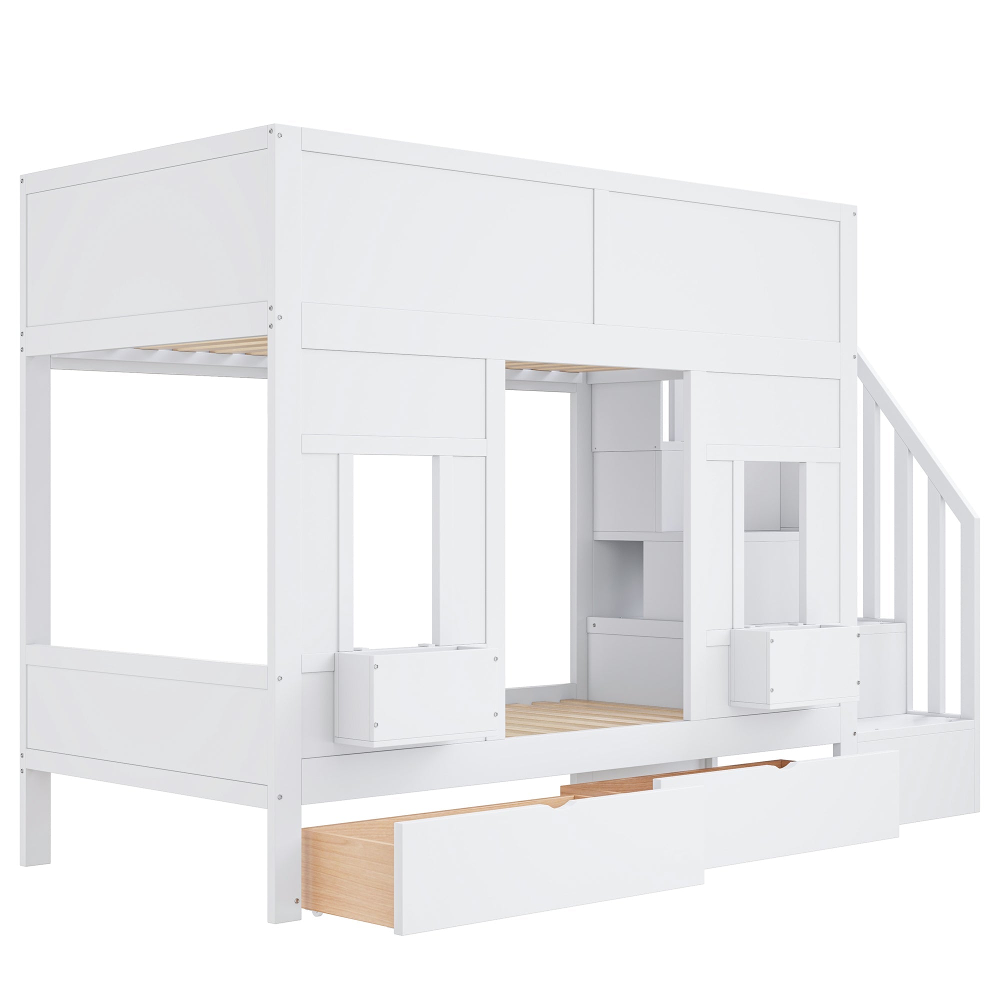 Bunk Bed with Storage Stairs, Drawers and Windows, 90x200cm, Wood