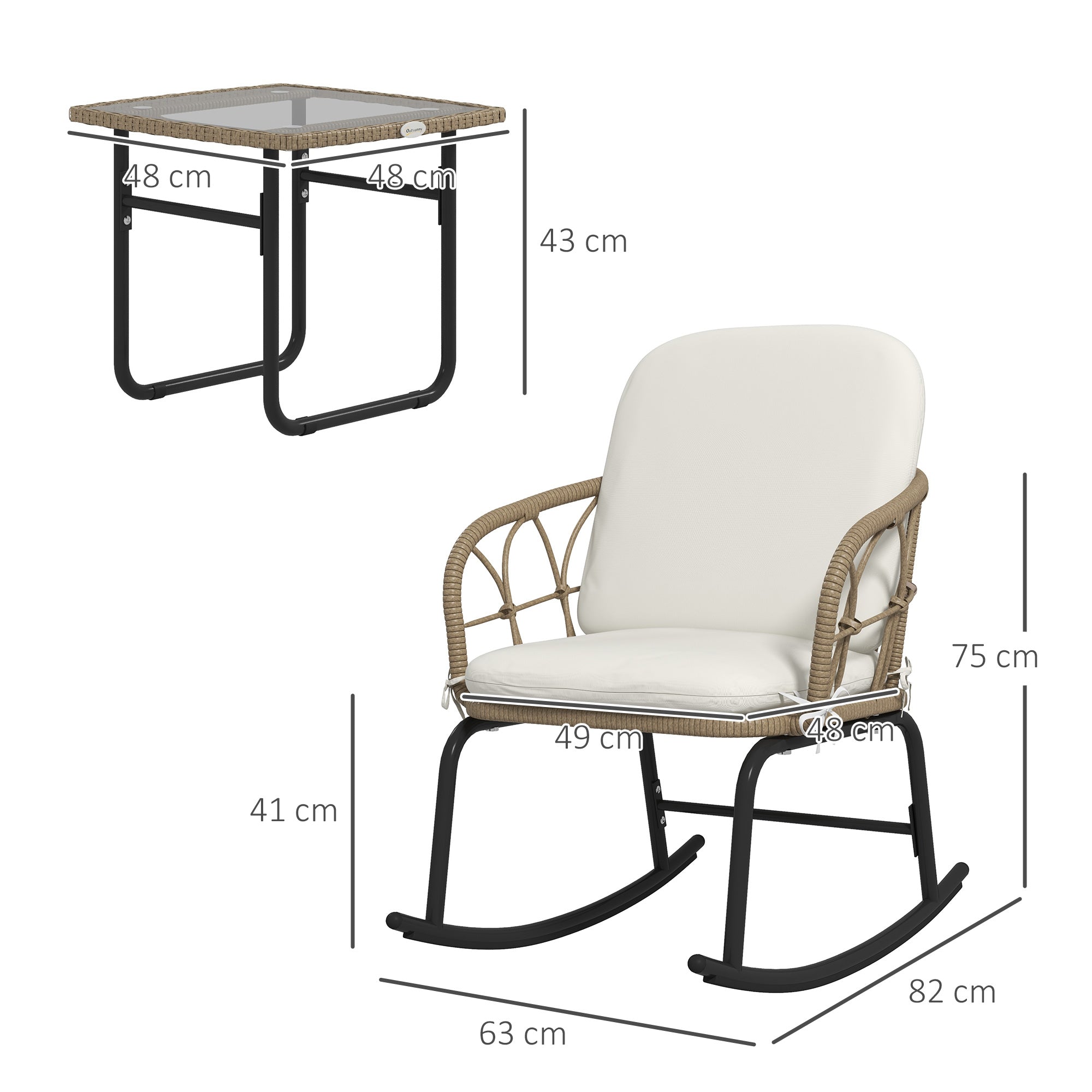 Rattan Rocking Chair Set, 3-Piece with Coffee Table & Cushions for Patio/Balcony