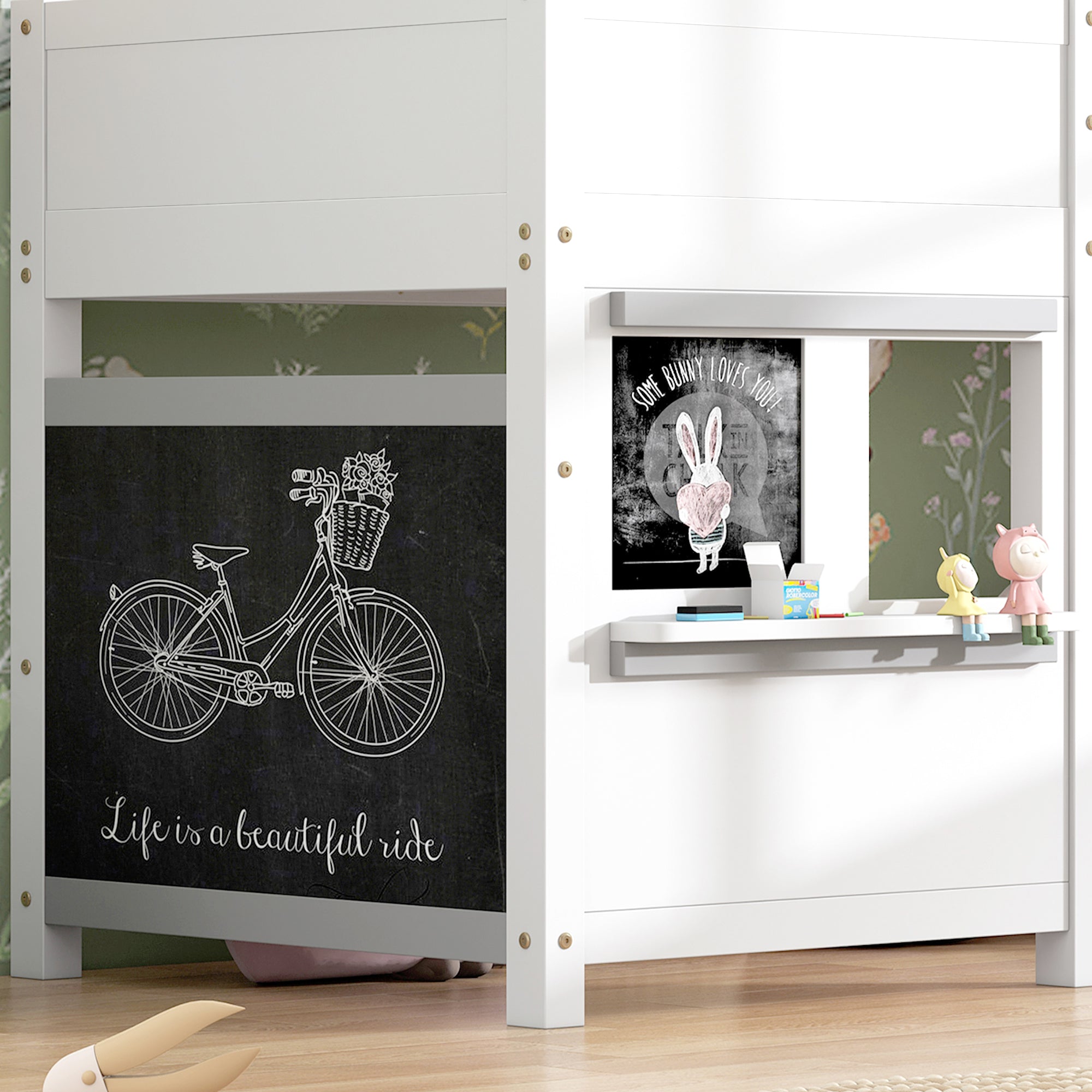 House Bunk Bed 90x200cm Graffiti Boards Small Shelf - White
