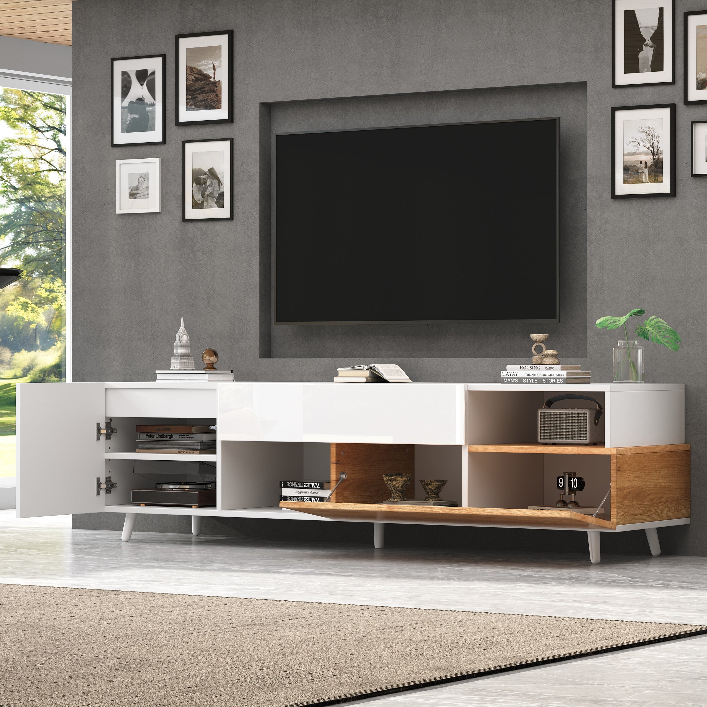 TV Cabinet, 180cm Lowboard with 1 Drawer & 7 Compartments, High-Gloss Finish