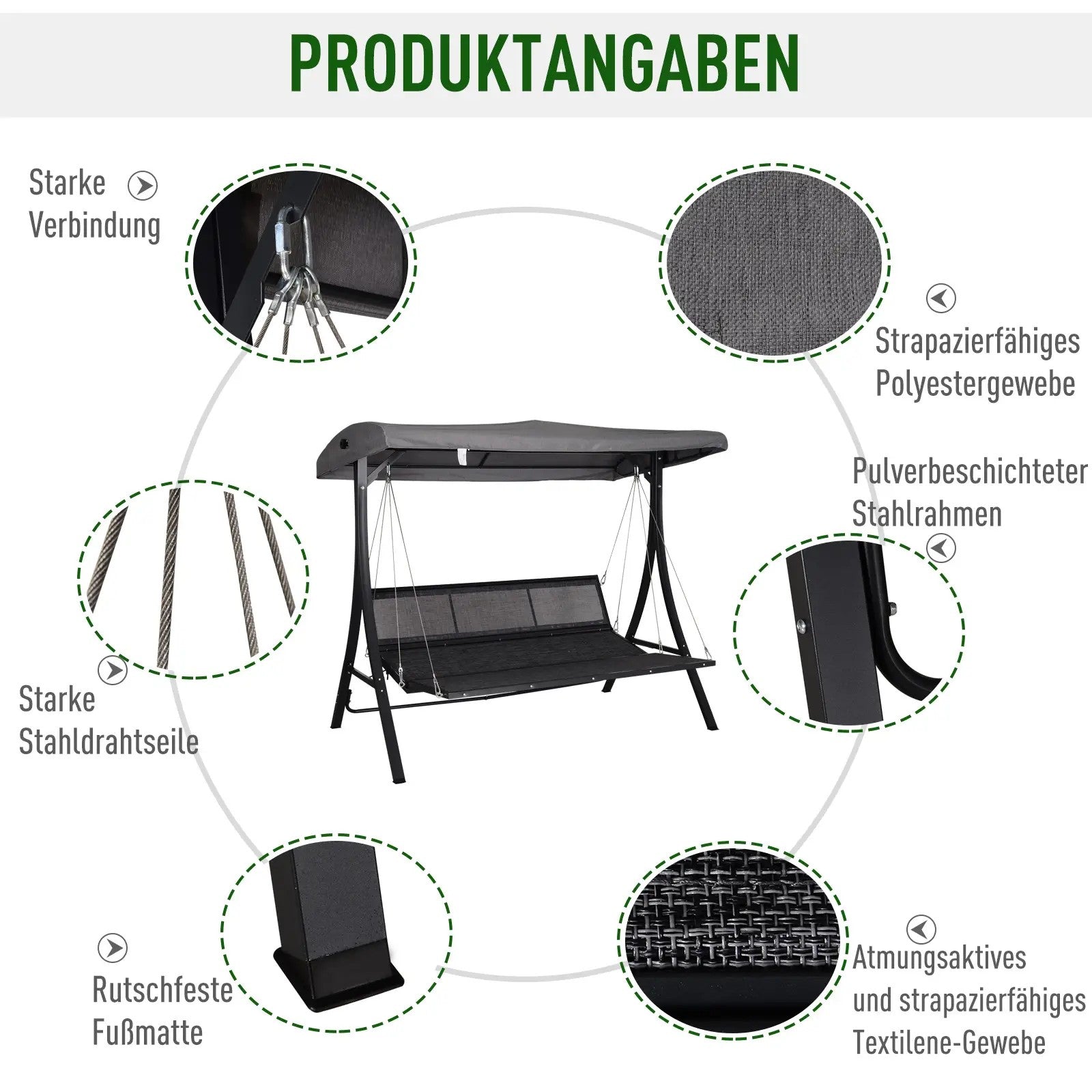 Hollywood Swing 3-Seater, Adjustable Sunshade Cushions, 270 kg Load Capacity
