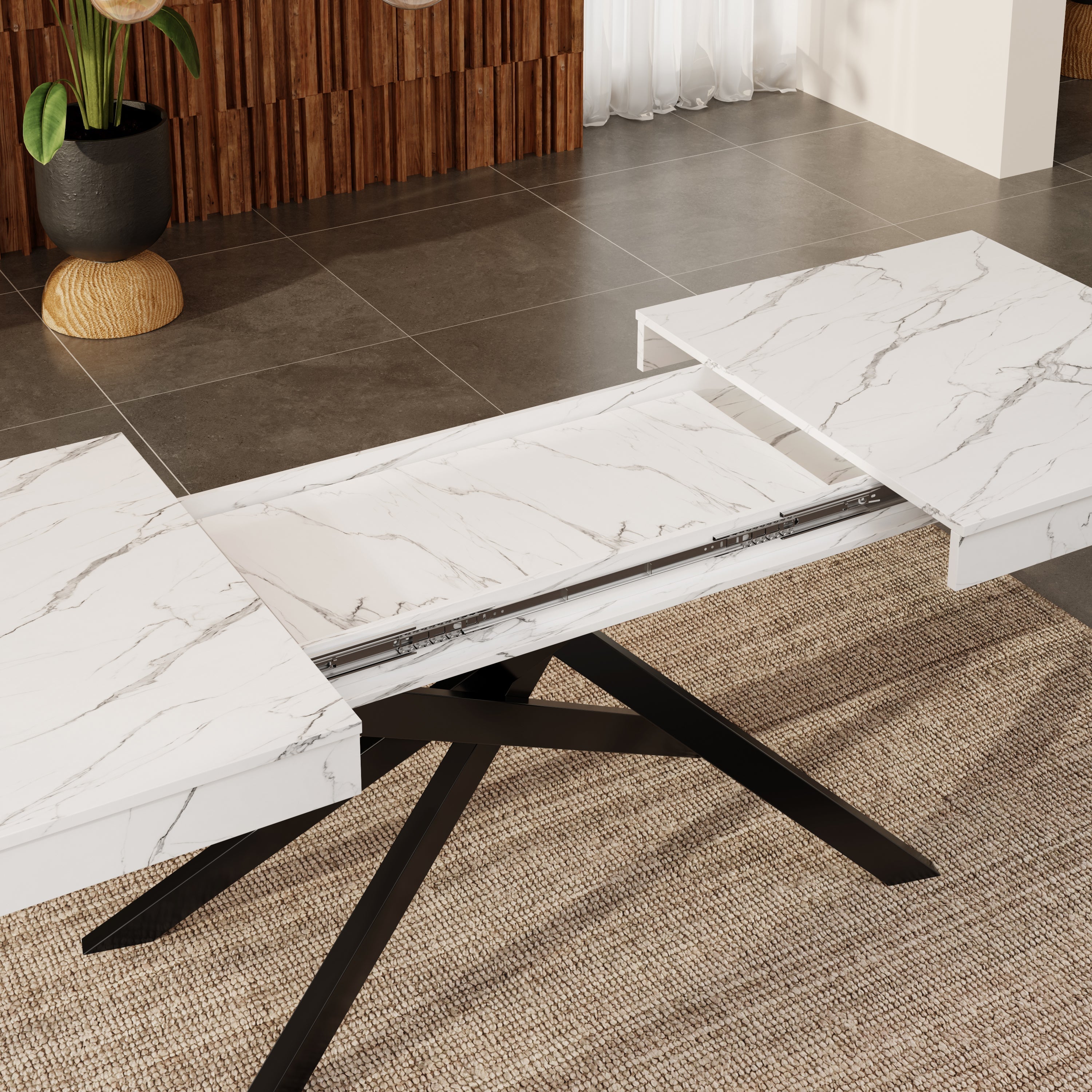 Extendable Dining Table 140/180x80cm Rectangular 6-8 Seater Metal Legs - White